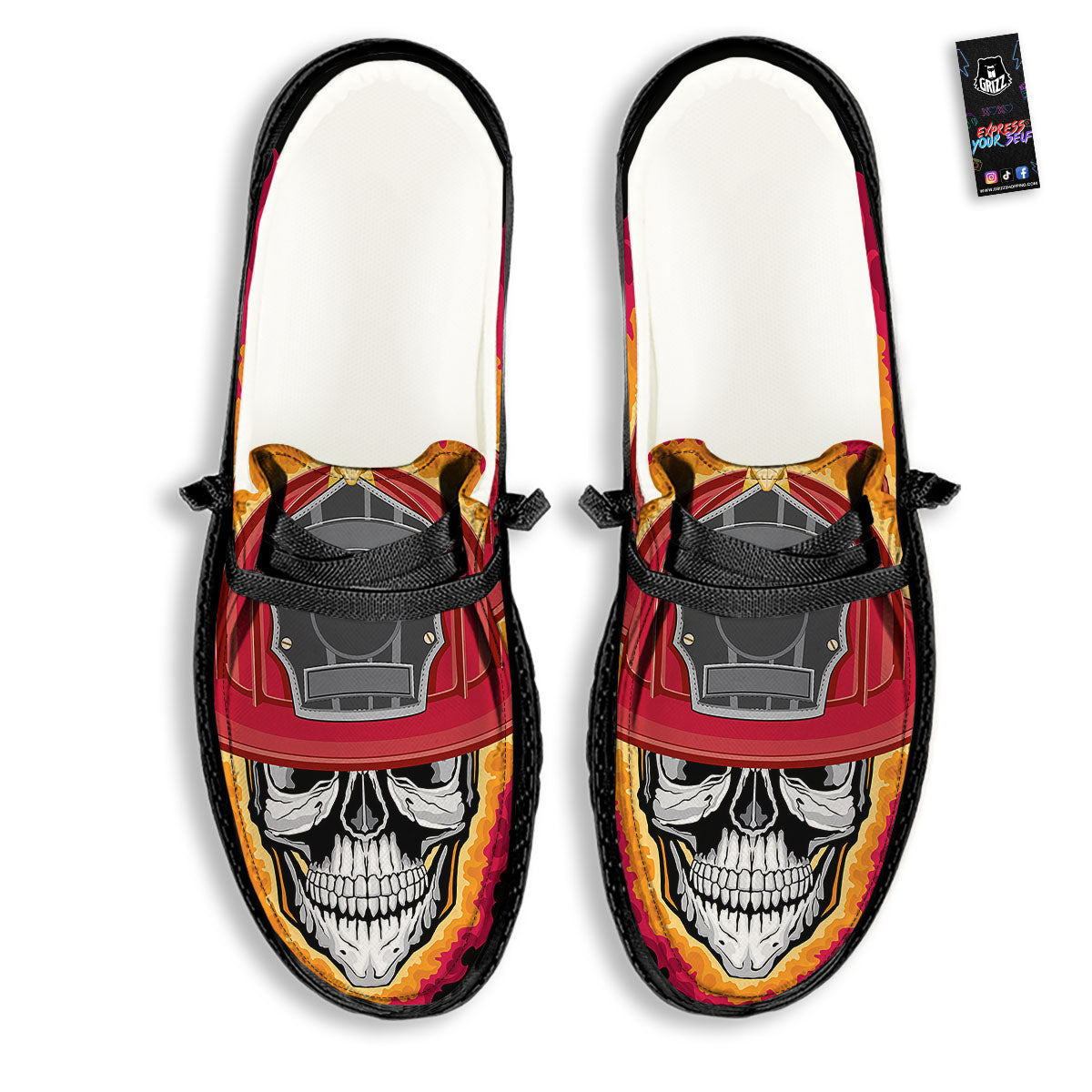 Firefighter Skull Flaming Print Black Loafers-grizzshop