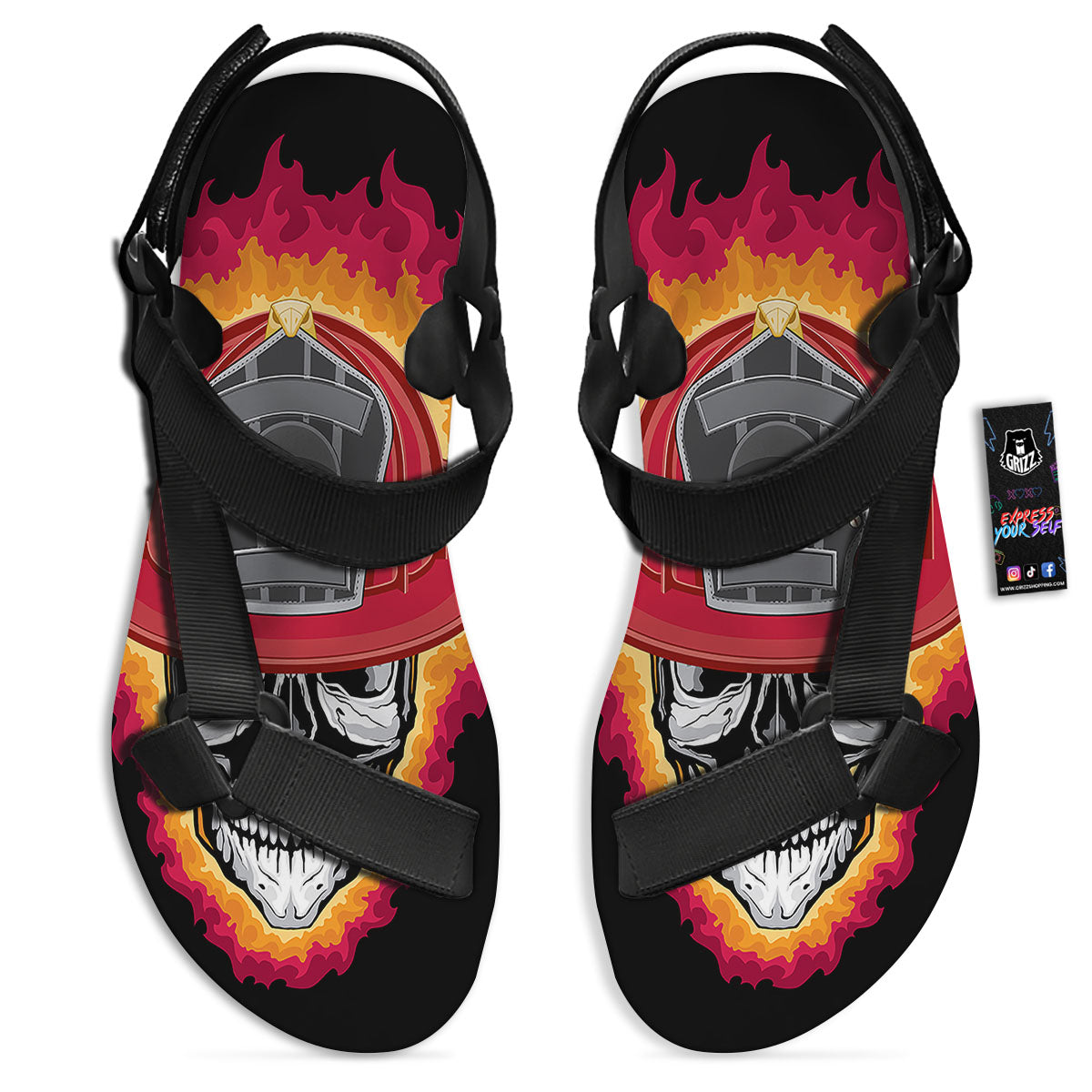 Firefighter Skull Flaming Print Black Open Toe Sandals-grizzshop