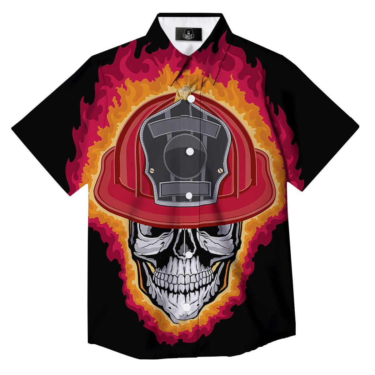 Firefighter Skull Flaming Print Button Up Shirt-grizzshop