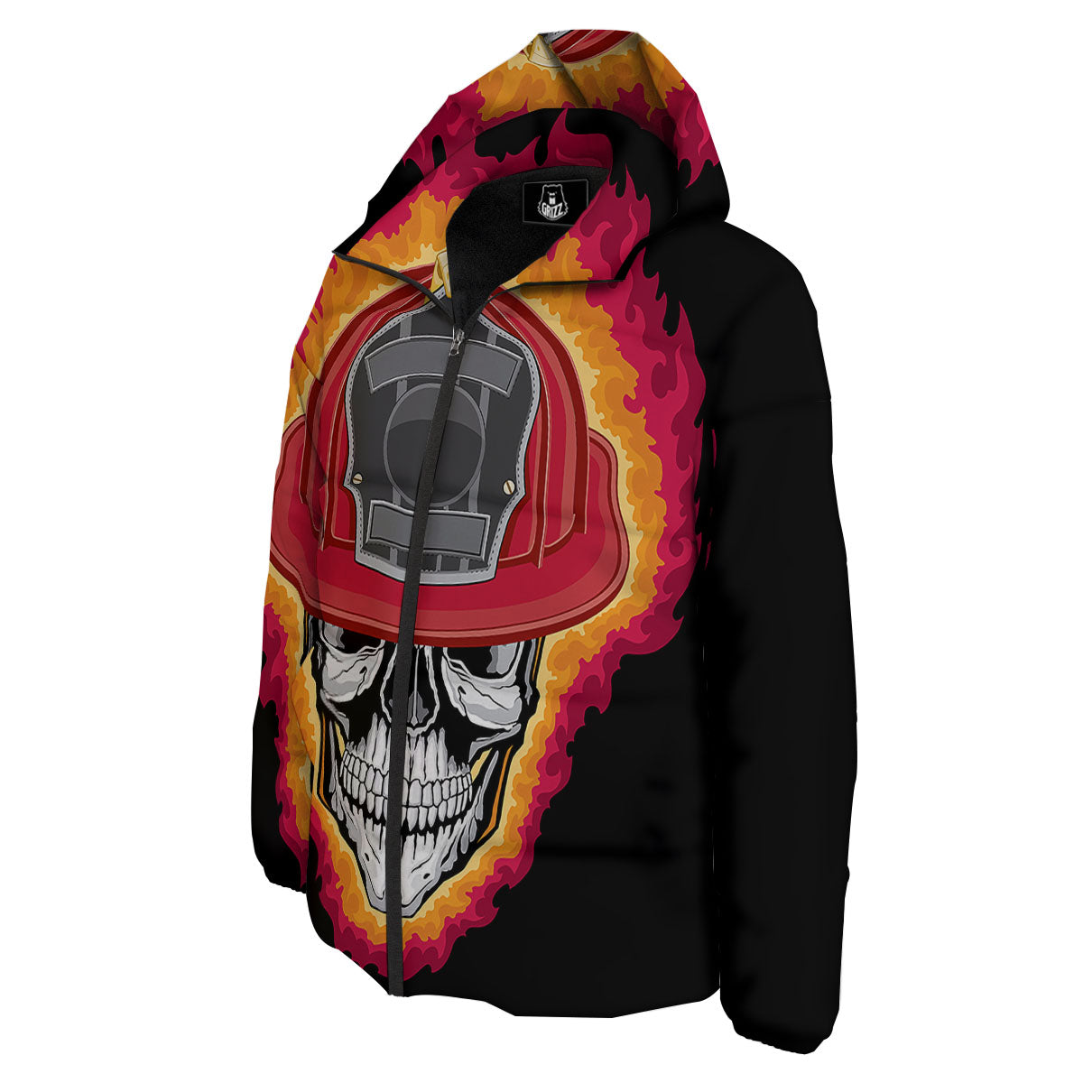 Firefighter Skull Flaming Print Down Jacket-grizzshop