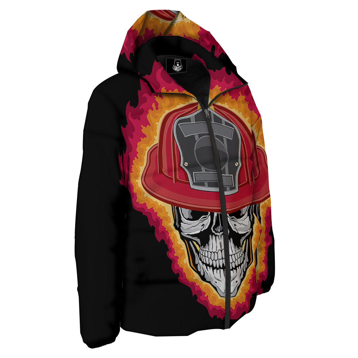 Firefighter Skull Flaming Print Down Jacket-grizzshop