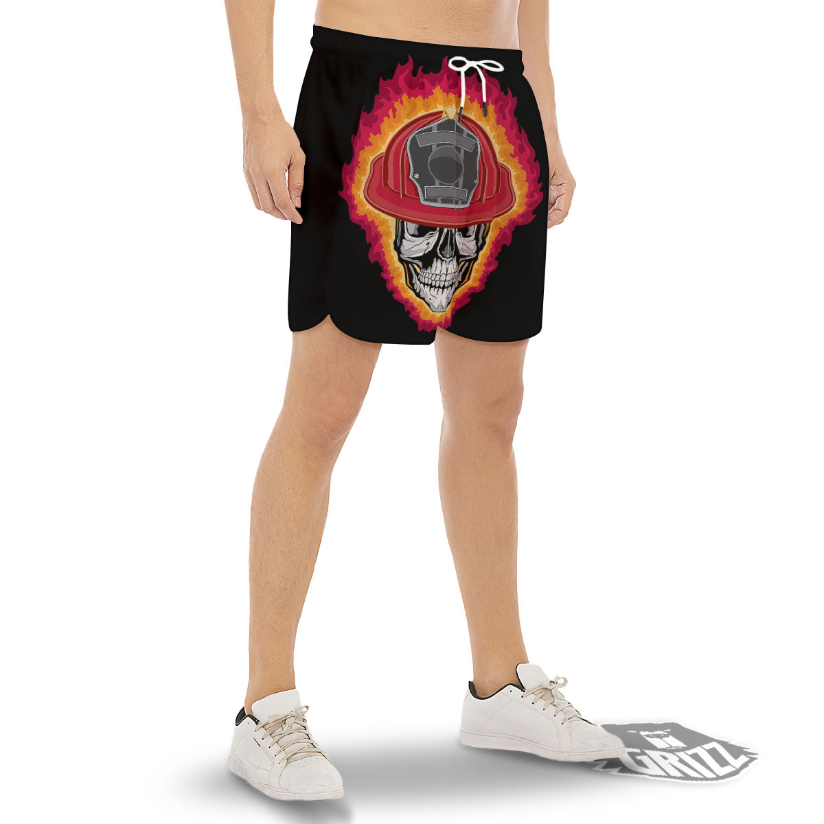 Firefighter Skull Flaming Print Men's Gym Shorts-grizzshop