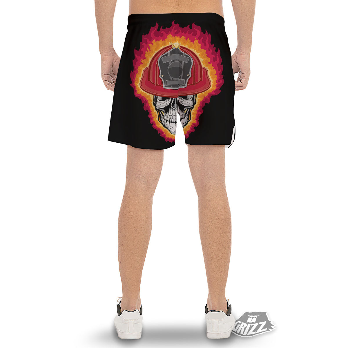 Firefighter Skull Flaming Print Men's Gym Shorts-grizzshop