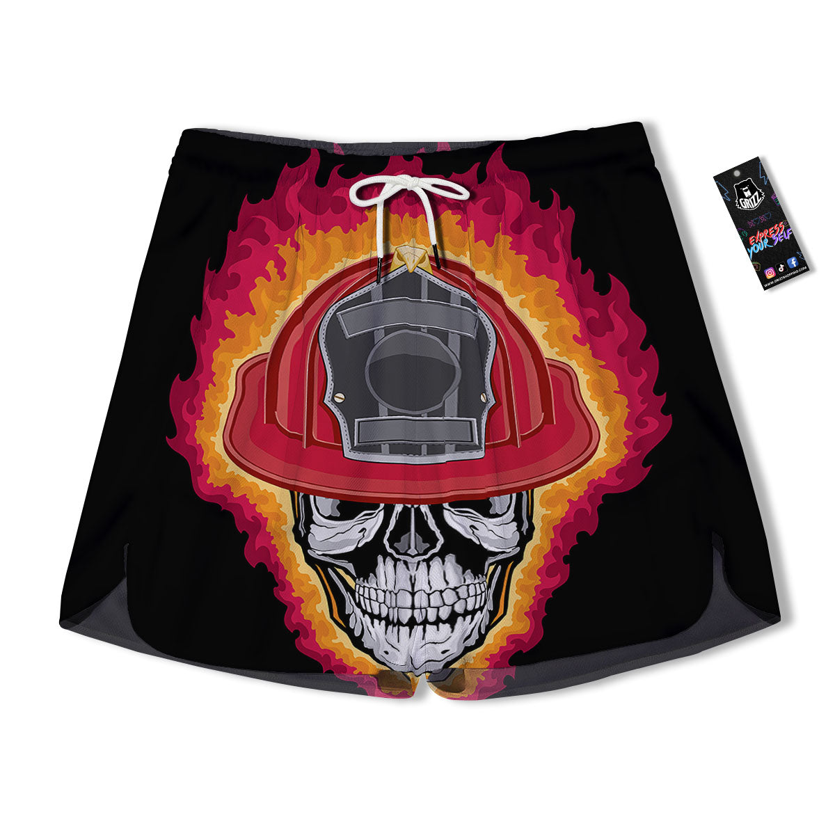 Firefighter Skull Flaming Print Men's Running Shorts-grizzshop