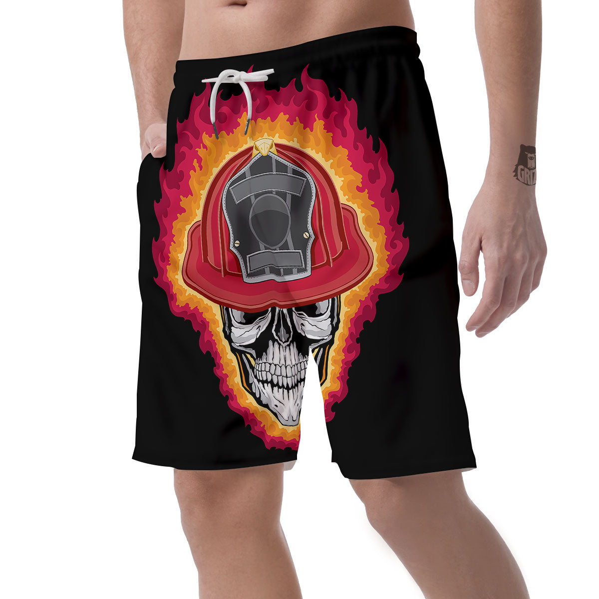 Firefighter Skull Flaming Print Men's Shorts-grizzshop