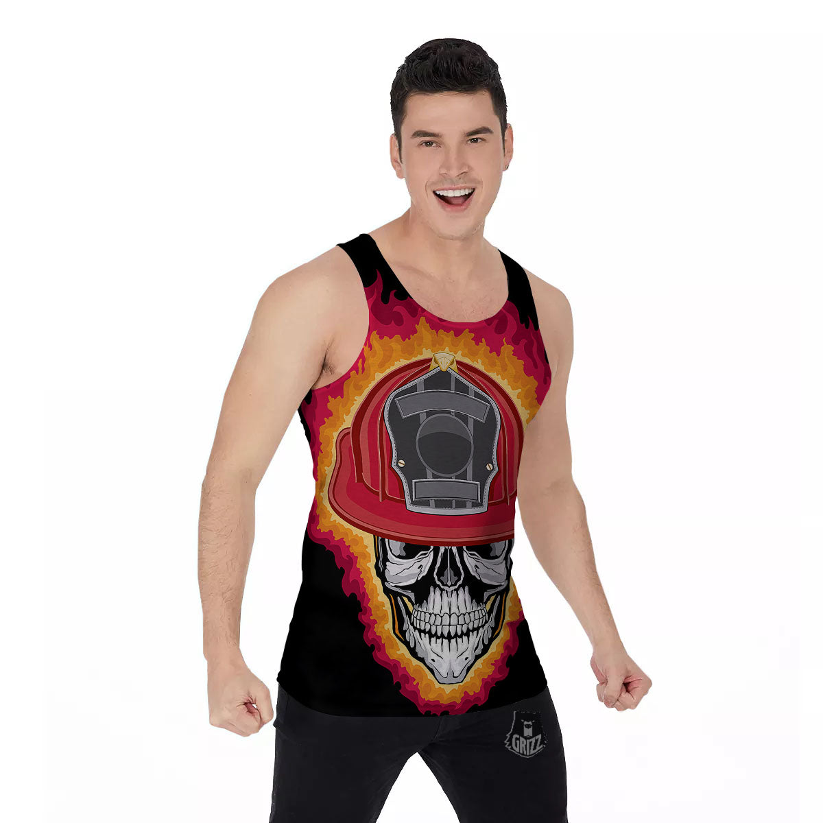 Firefighter Skull Flaming Print Men's Tank Top-grizzshop