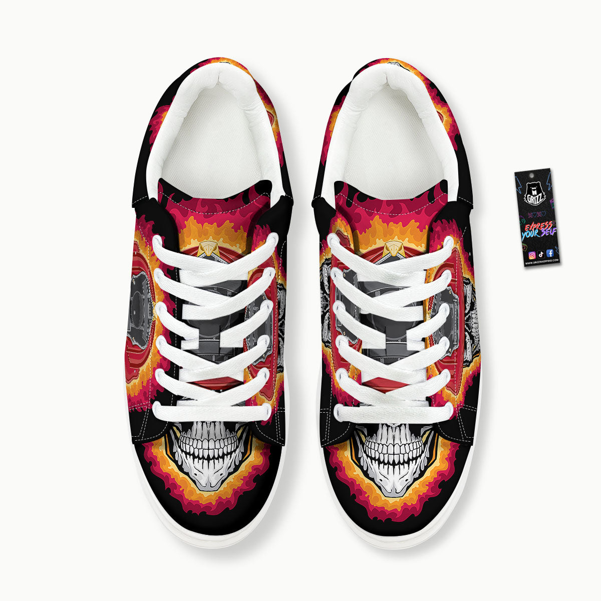 Firefighter Skull Flaming Print Platform Shoes-grizzshop