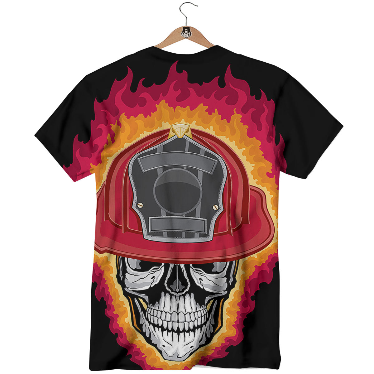 Firefighter Skull Flaming Print T-Shirt-grizzshop