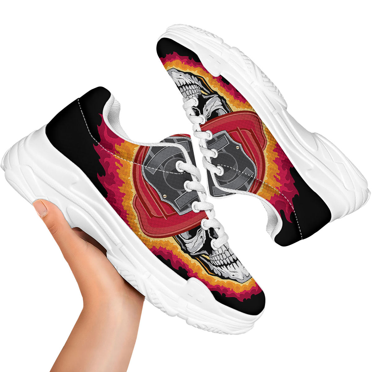 Firefighter Skull Flaming Print White Chunky Shoes-grizzshop