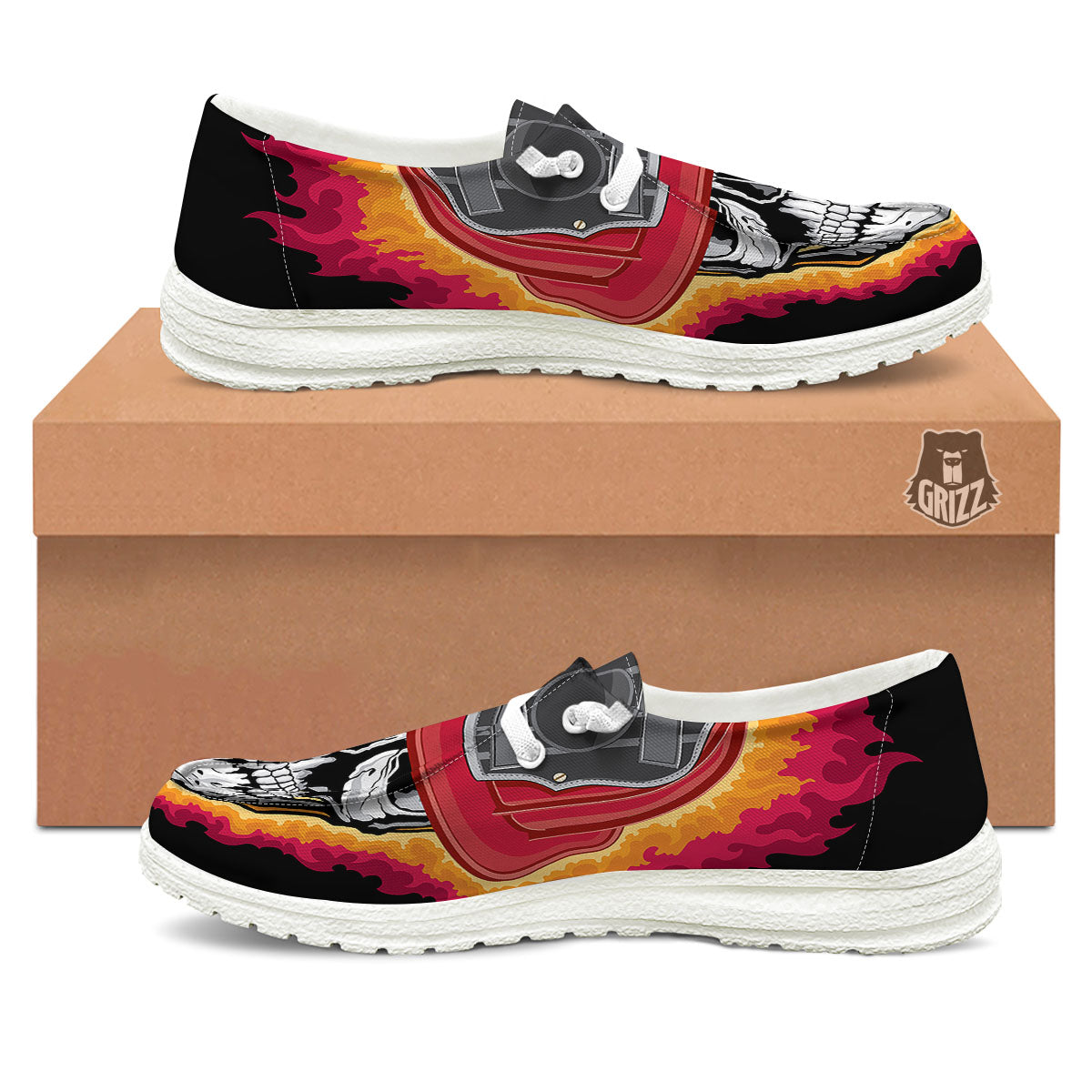 Firefighter Skull Flaming Print White Loafers-grizzshop