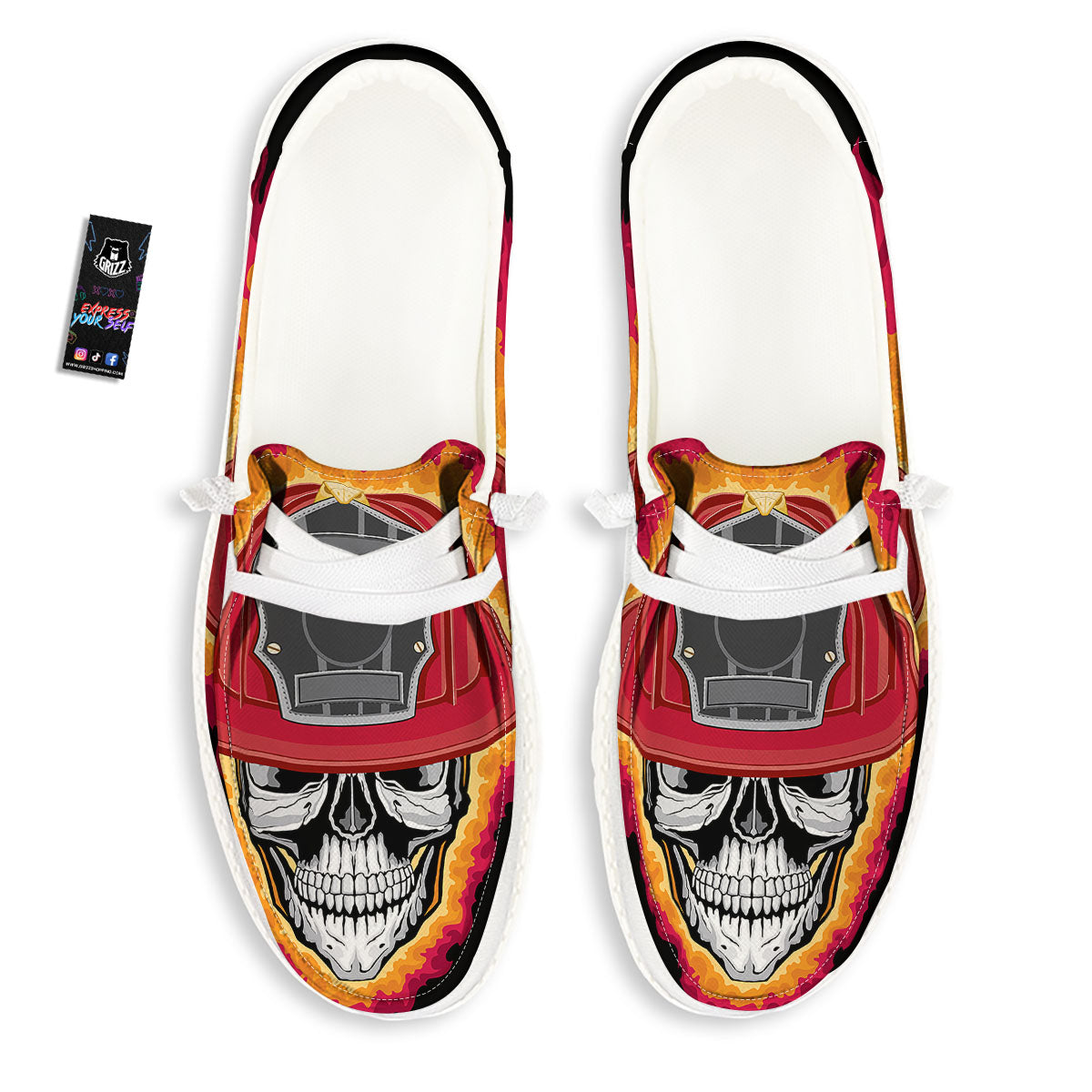 Firefighter Skull Flaming Print White Loafers-grizzshop