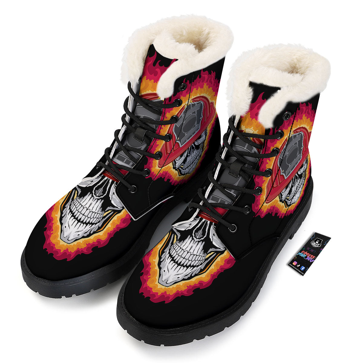 Firefighter Skull Flaming Print Winter Boots-grizzshop