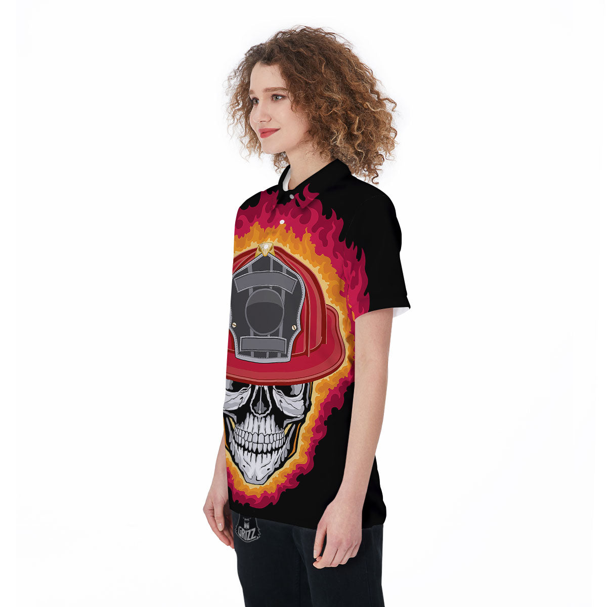 Firefighter Skull Flaming Print Women's Golf Shirts-grizzshop