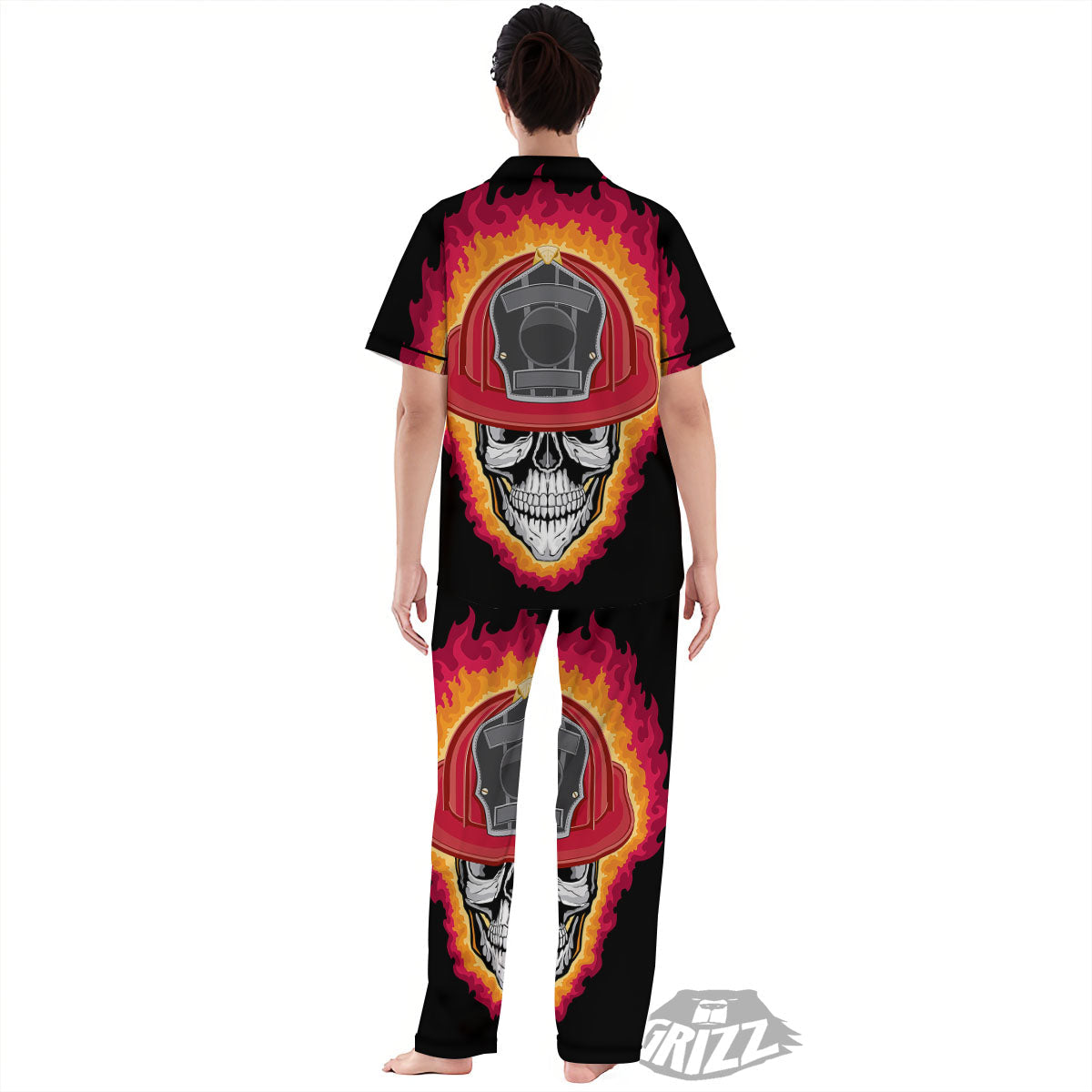 Firefighter Skull Flaming Print Women's Pajamas Set-grizzshop