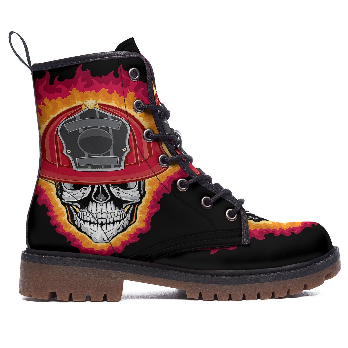 Firefighter Skull Flaming Print Work Boots-grizzshop