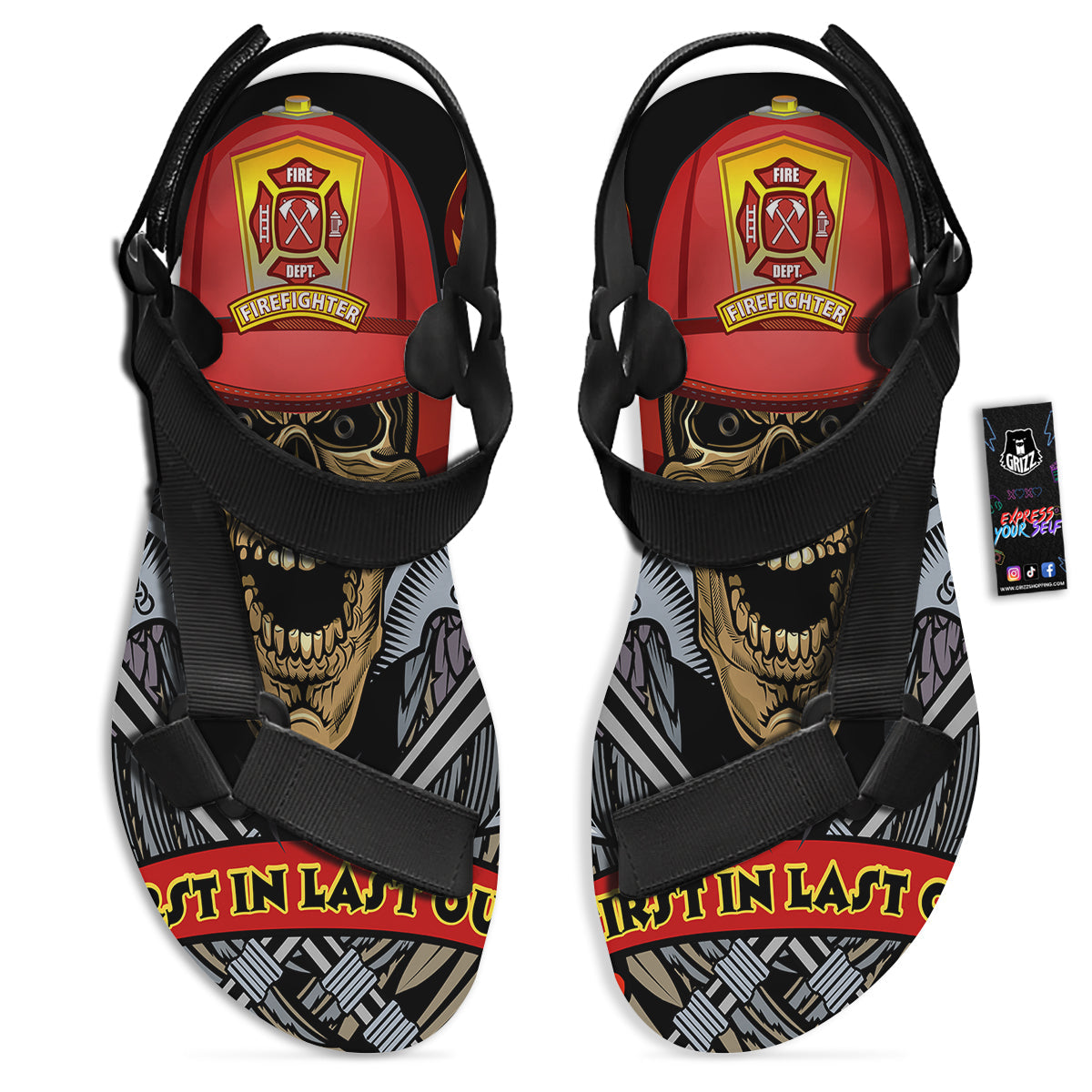 Firefighter Volunteer Print Black Open Toe Sandals-grizzshop