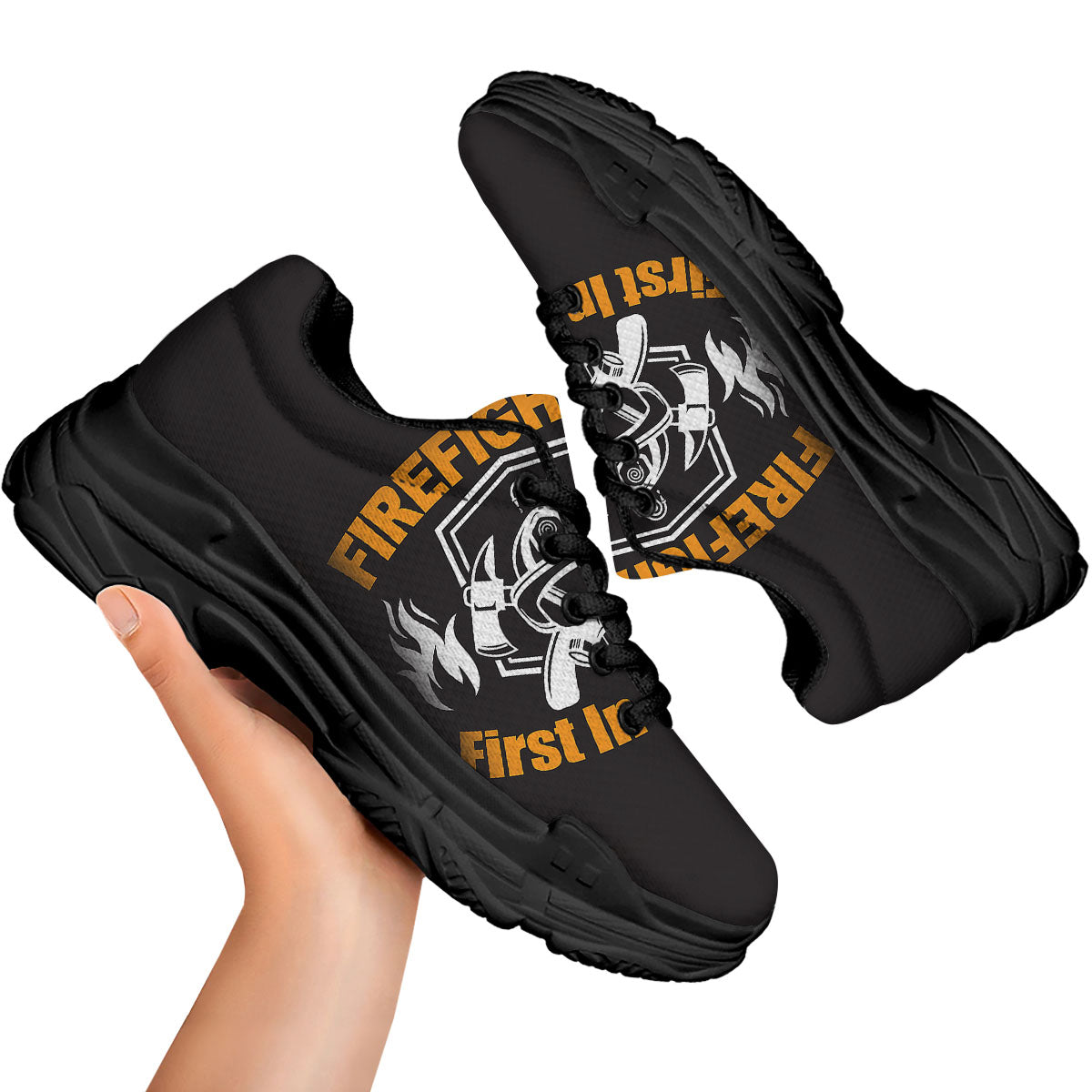 First In Last Out Firefighter Print Black Chunky Shoes-grizzshop