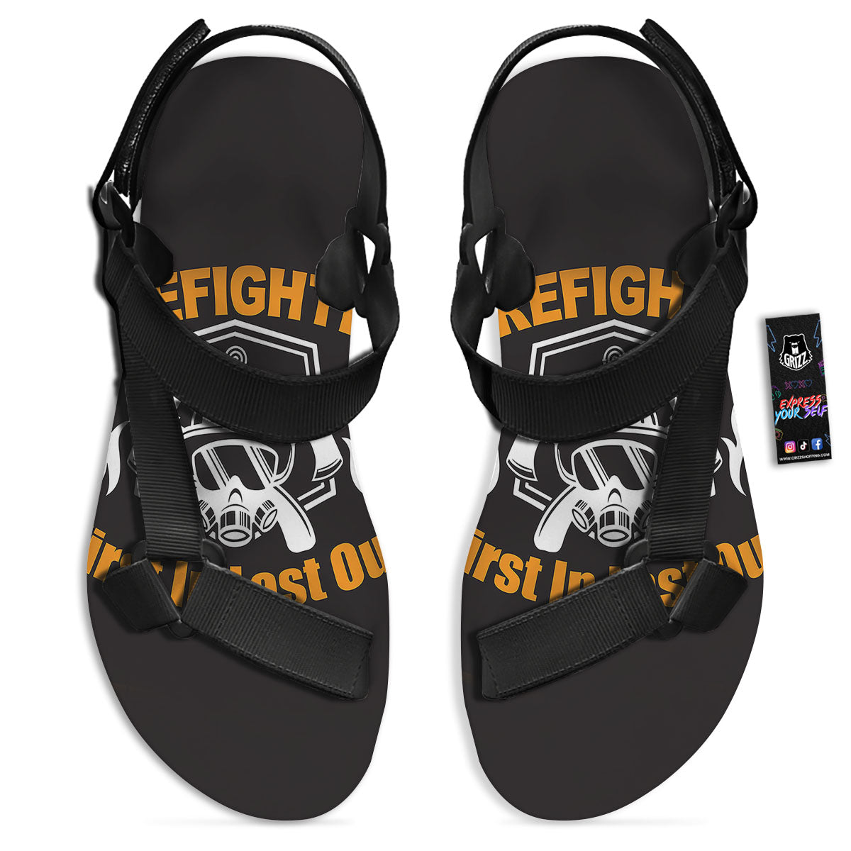 First In Last Out Firefighter Print Black Open Toe Sandals-grizzshop