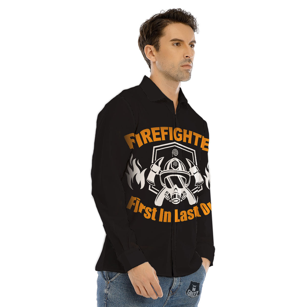 First In Last Out Firefighter Print Men's Dress Shirts-grizzshop
