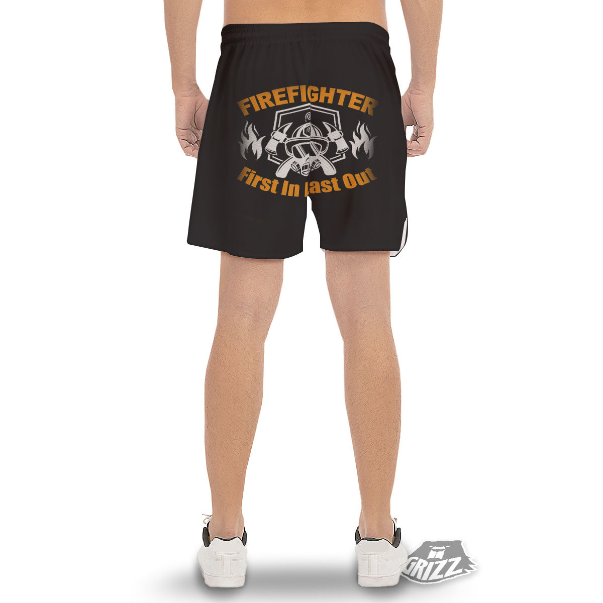 First In Last Out Firefighter Print Men's Gym Shorts-grizzshop