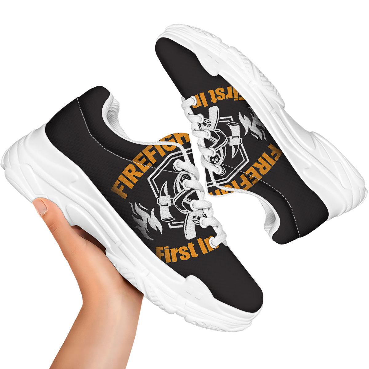 First In Last Out Firefighter Print White Chunky Shoes-grizzshop