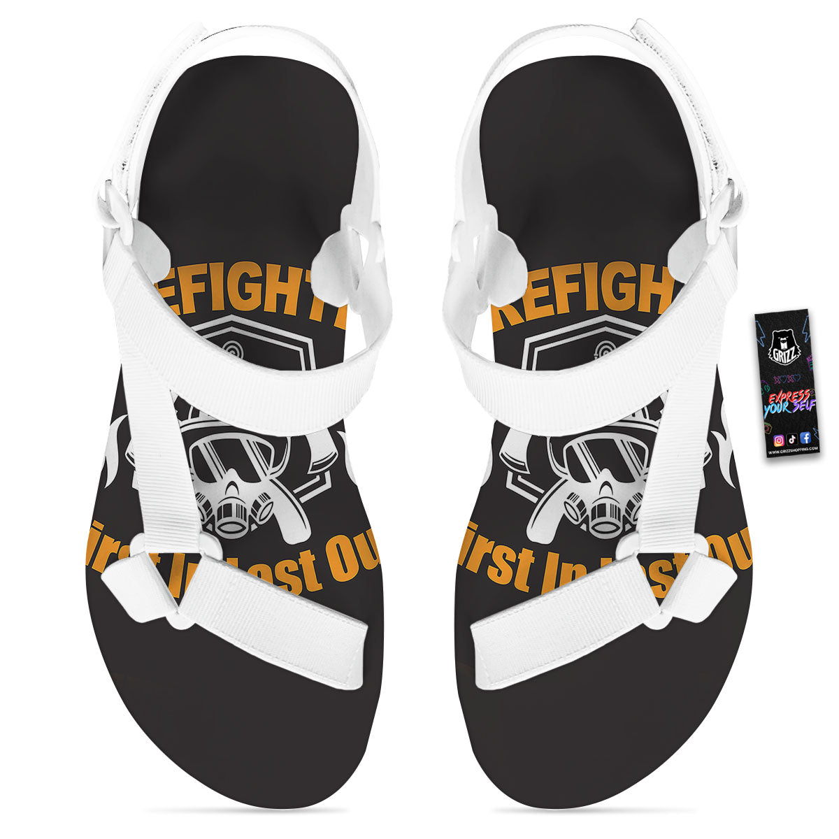 First In Last Out Firefighter Print White Open Toe Sandals-grizzshop