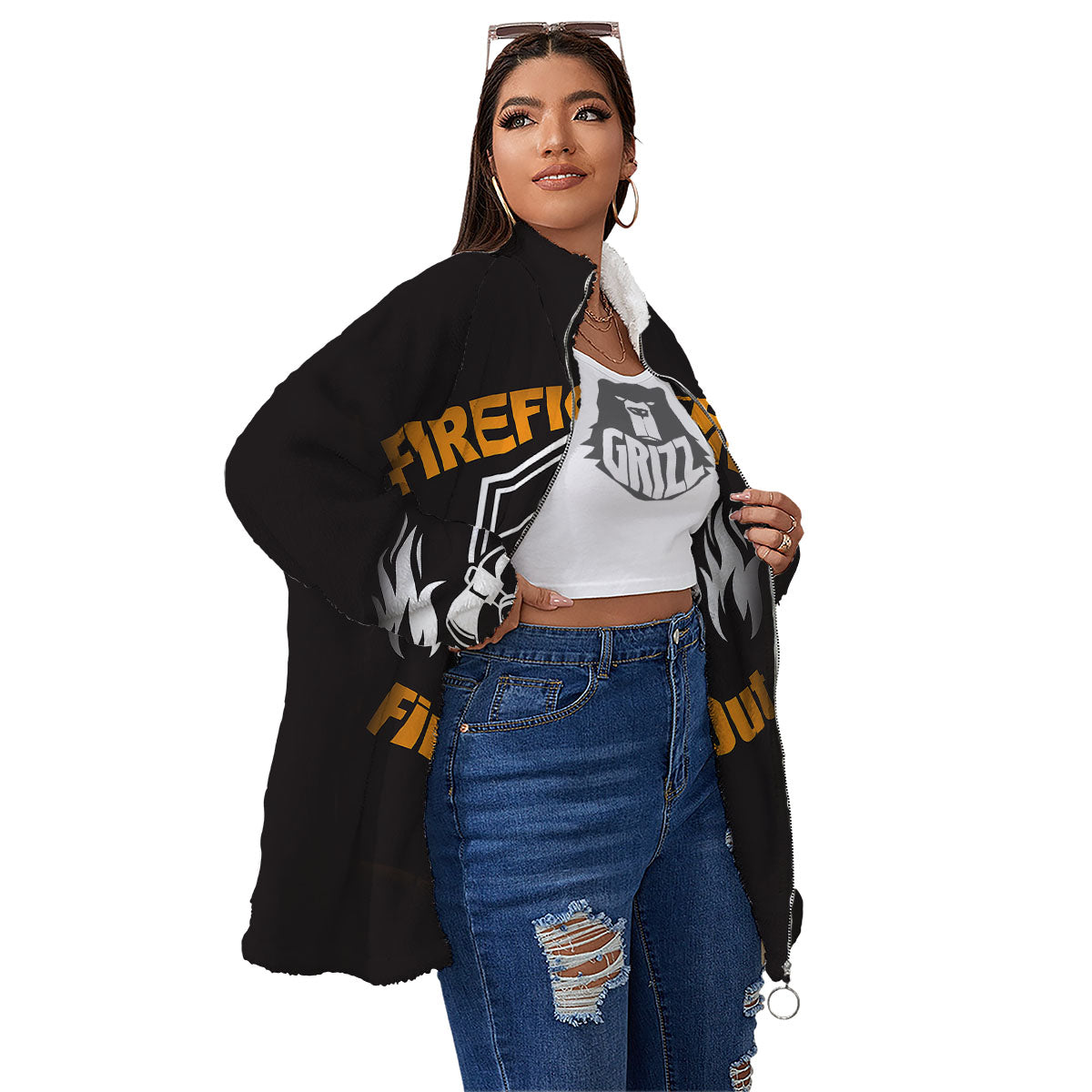 First In Last Out Firefighter Print Women's Sherpa Jacket-grizzshop