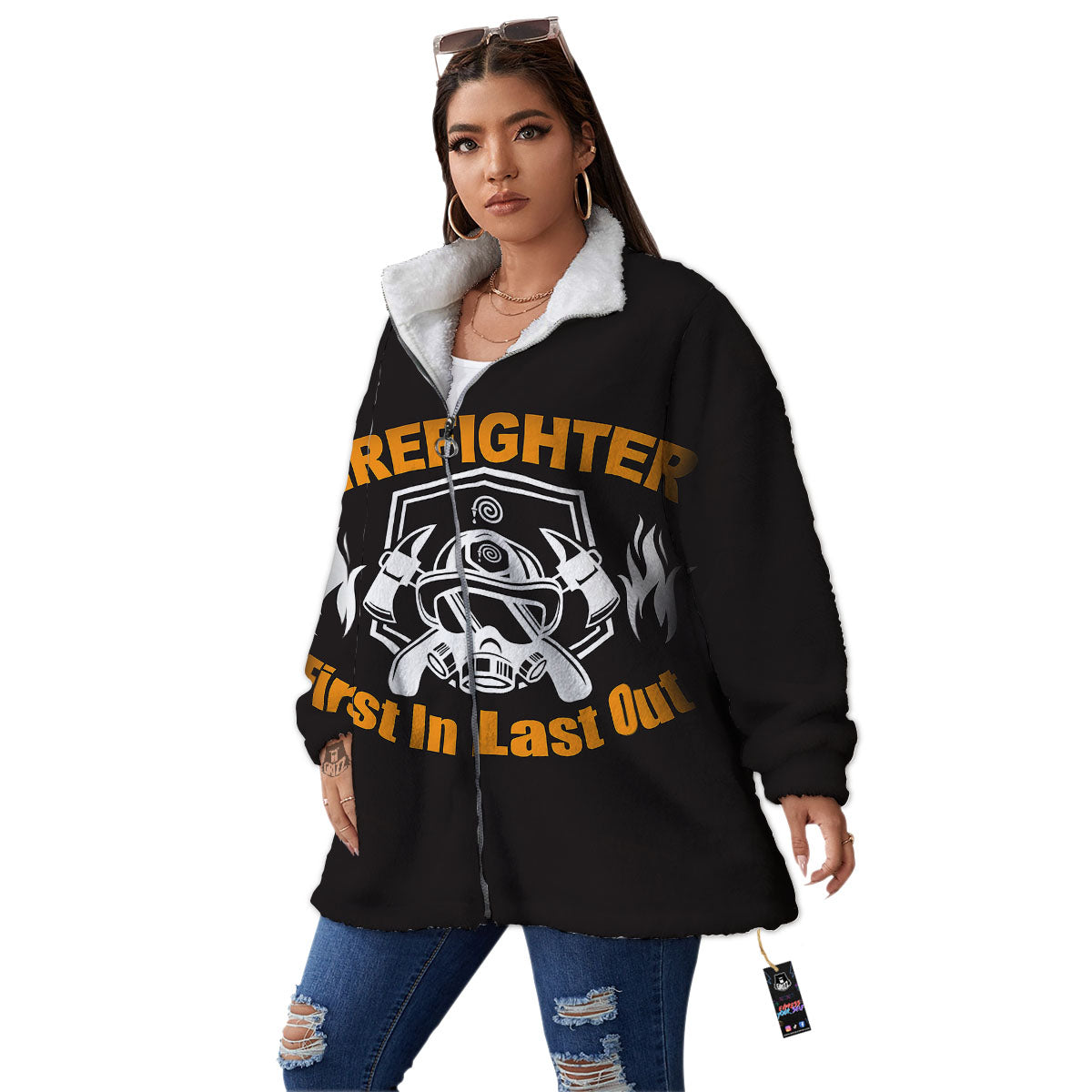 First In Last Out Firefighter Print Women's Sherpa Jacket-grizzshop