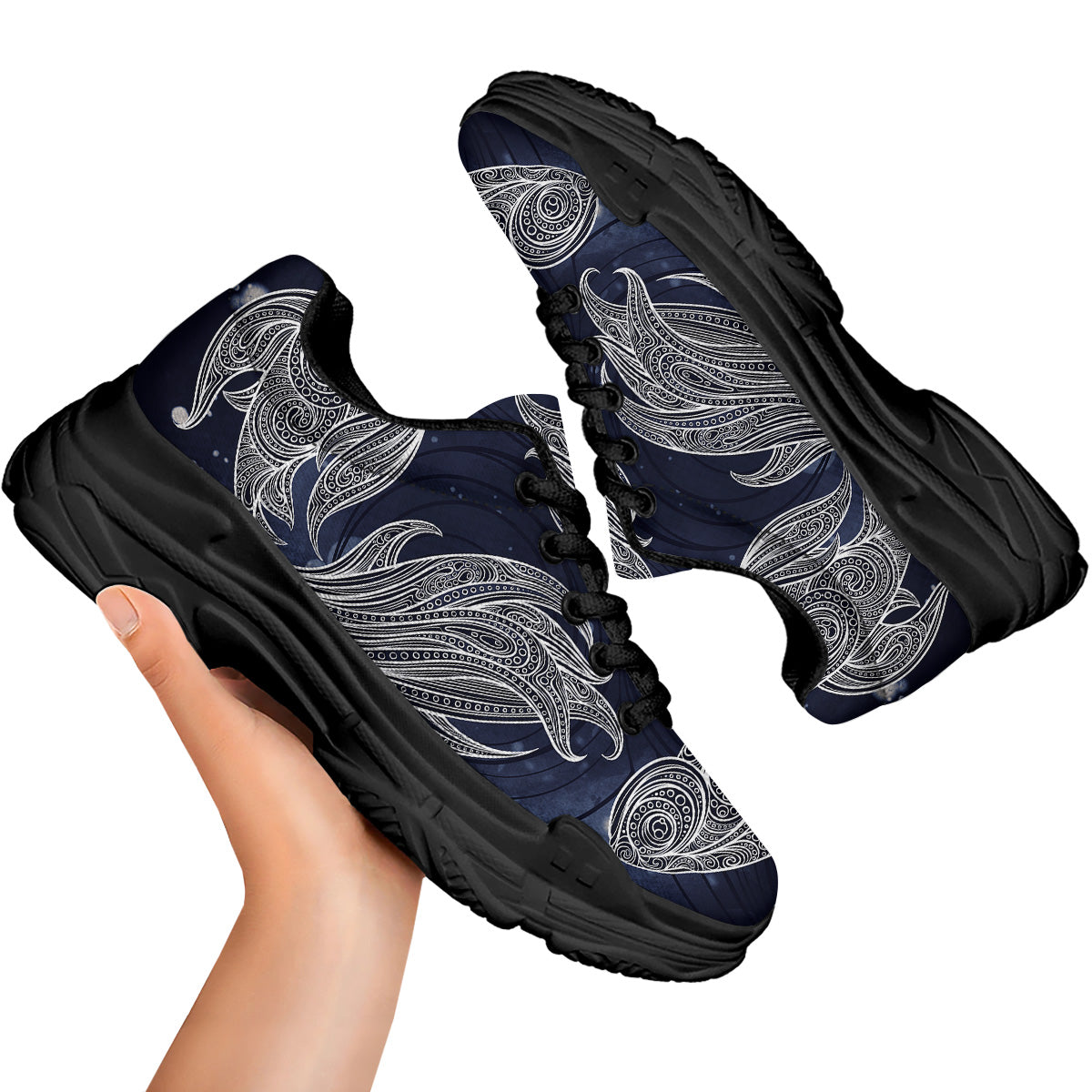 Fish Bohemian Spiritual Print Black Chunky Shoes-grizzshop