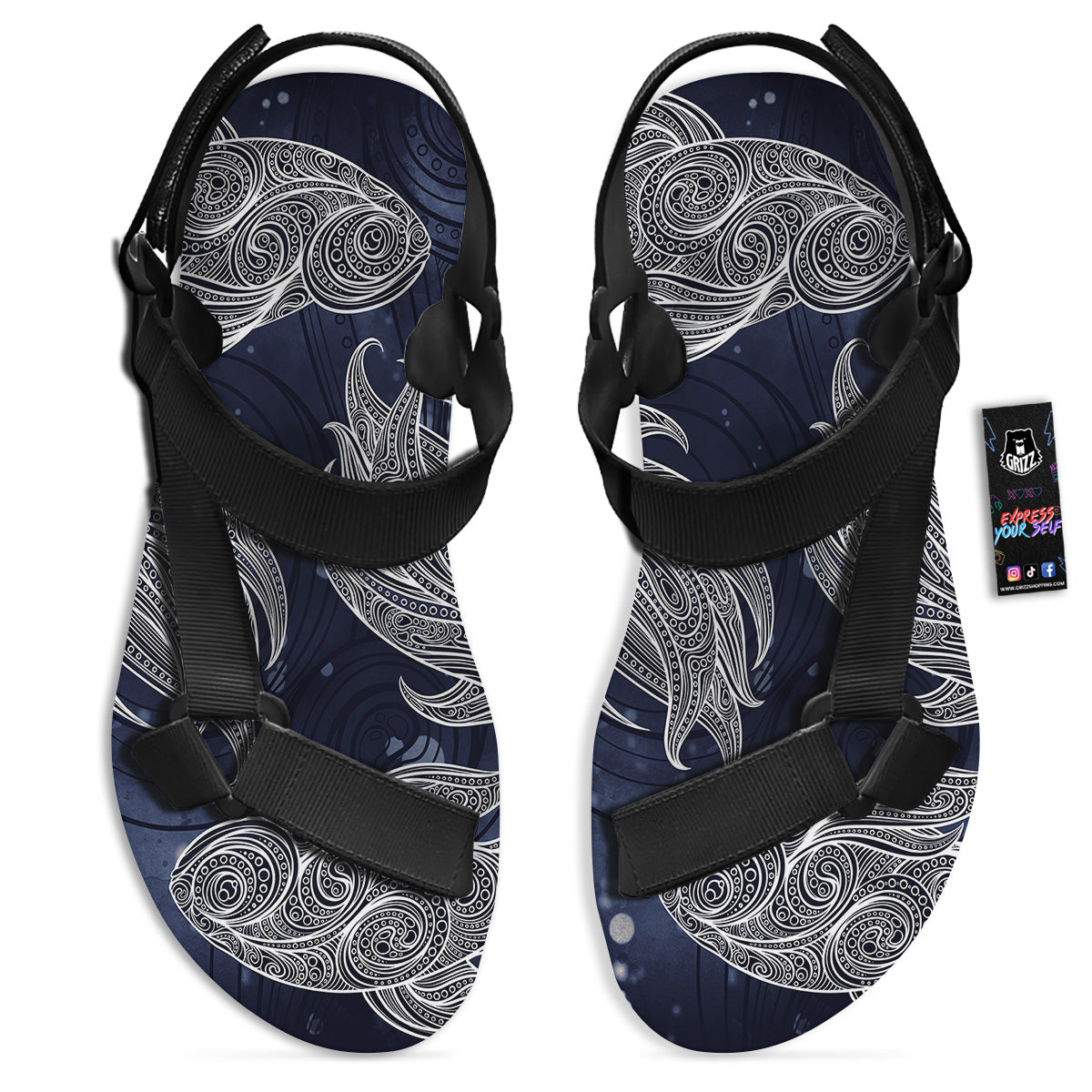 Fish Bohemian Spiritual Print Black Open Toe Sandals-grizzshop