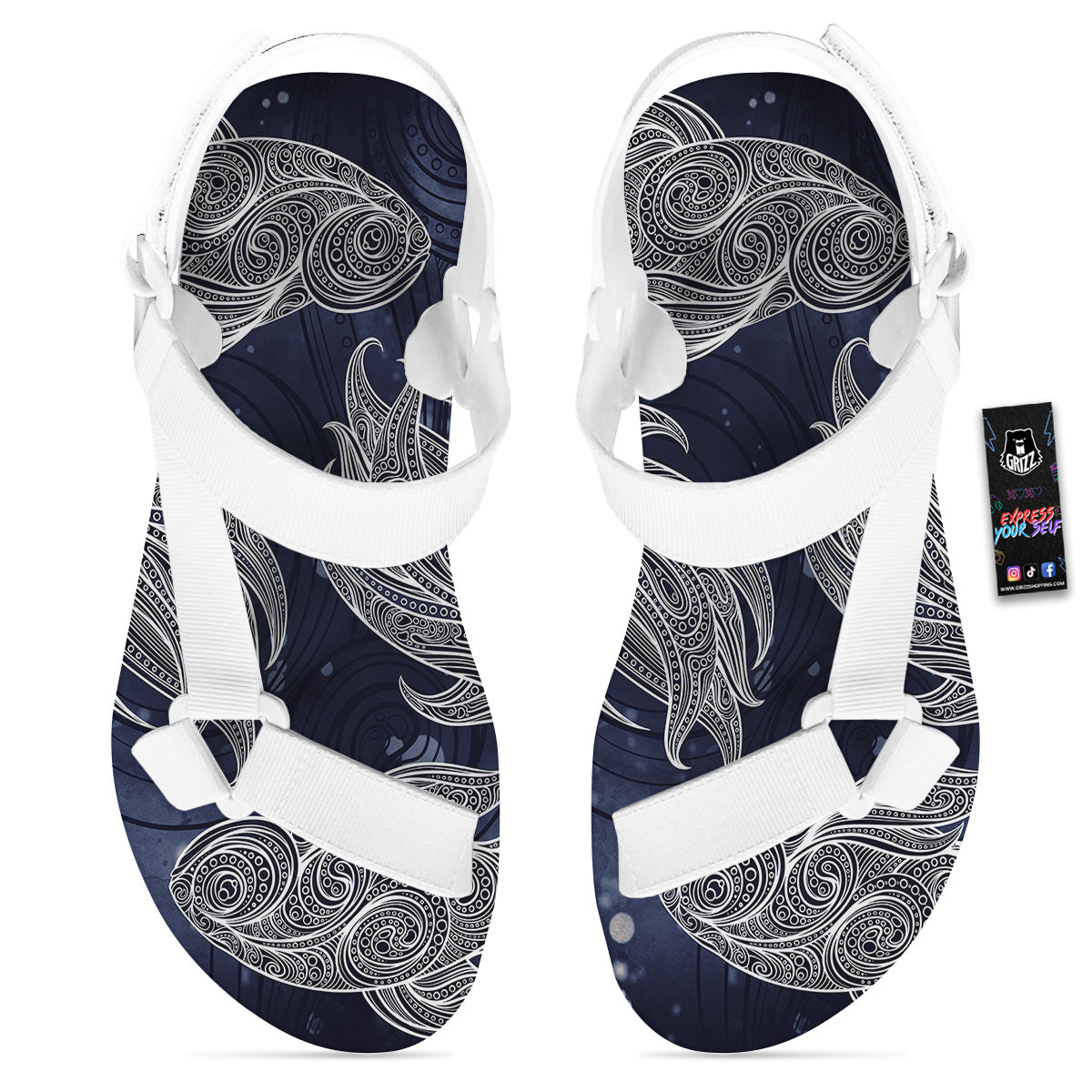 Fish Bohemian Spiritual Print White Open Toe Sandals-grizzshop