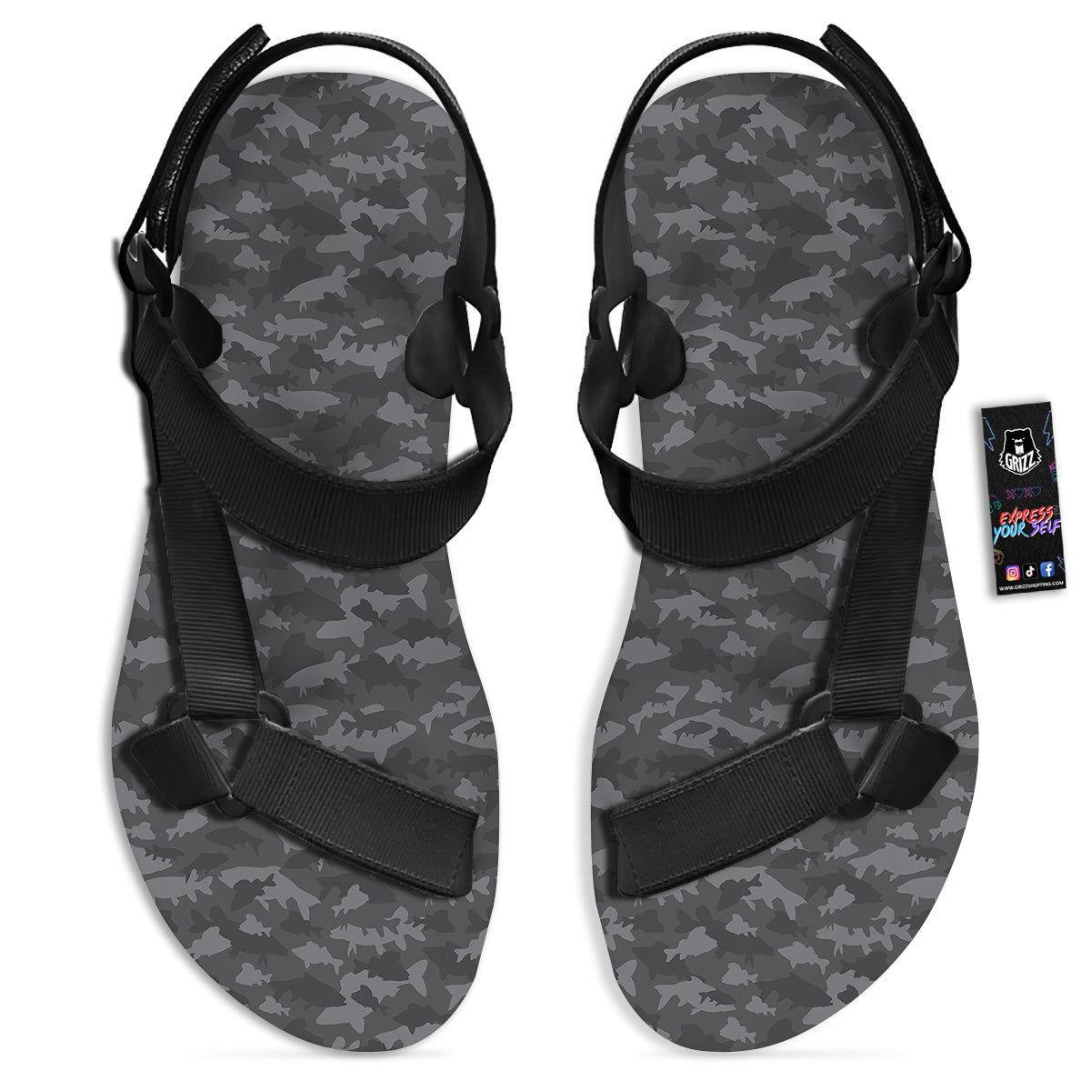 Fish Camouflage Grey Print Pattern Black Open Toe Sandals-grizzshop