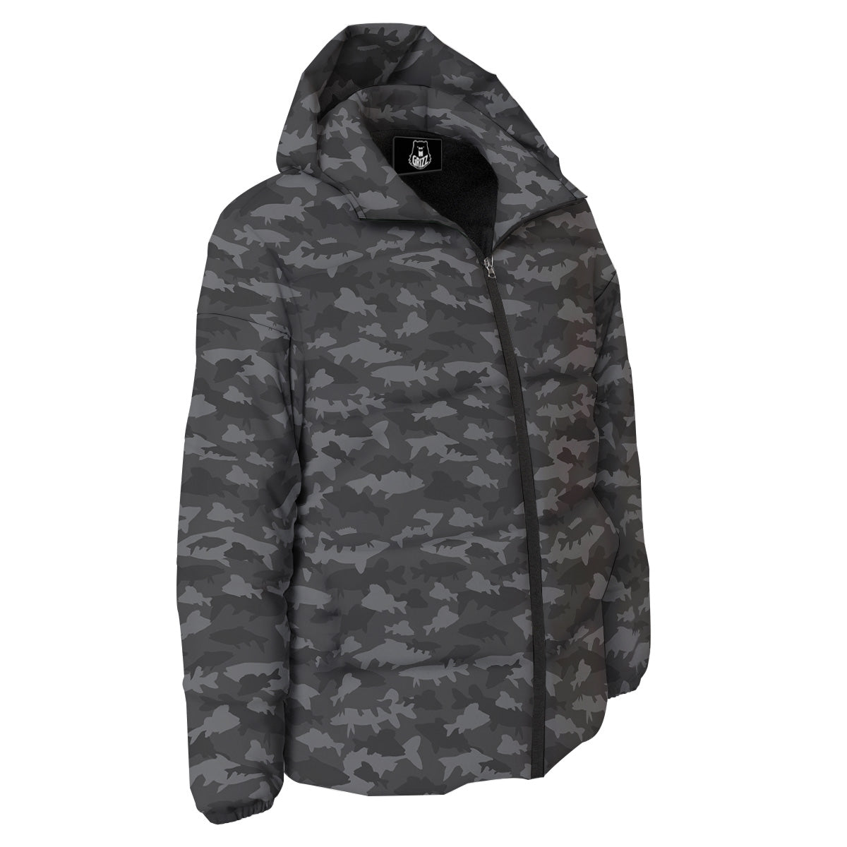 Fish Camouflage Grey Print Pattern Down Jacket-grizzshop