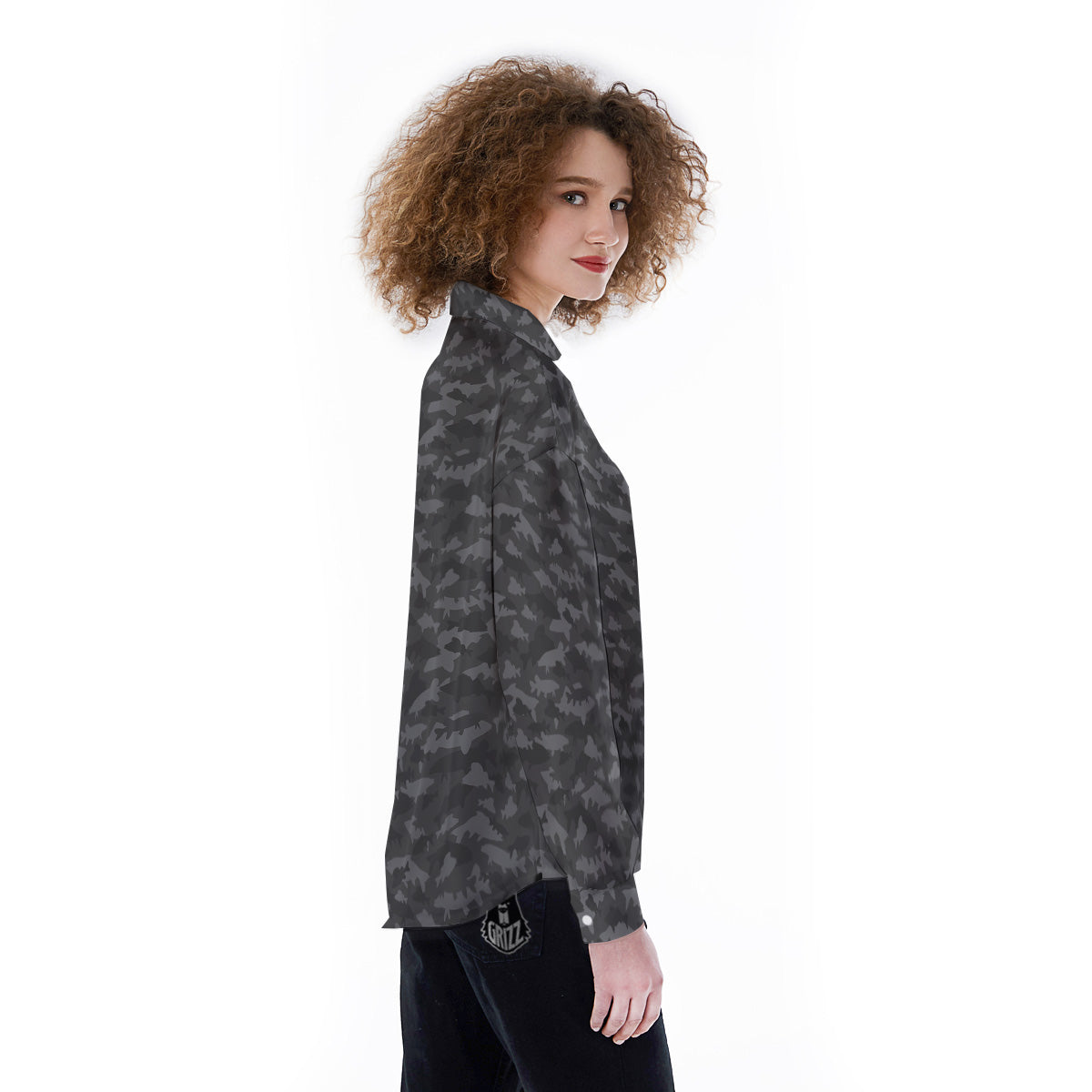 Fish Camouflage Grey Print Pattern Women's Long Sleeve Shirts-grizzshop
