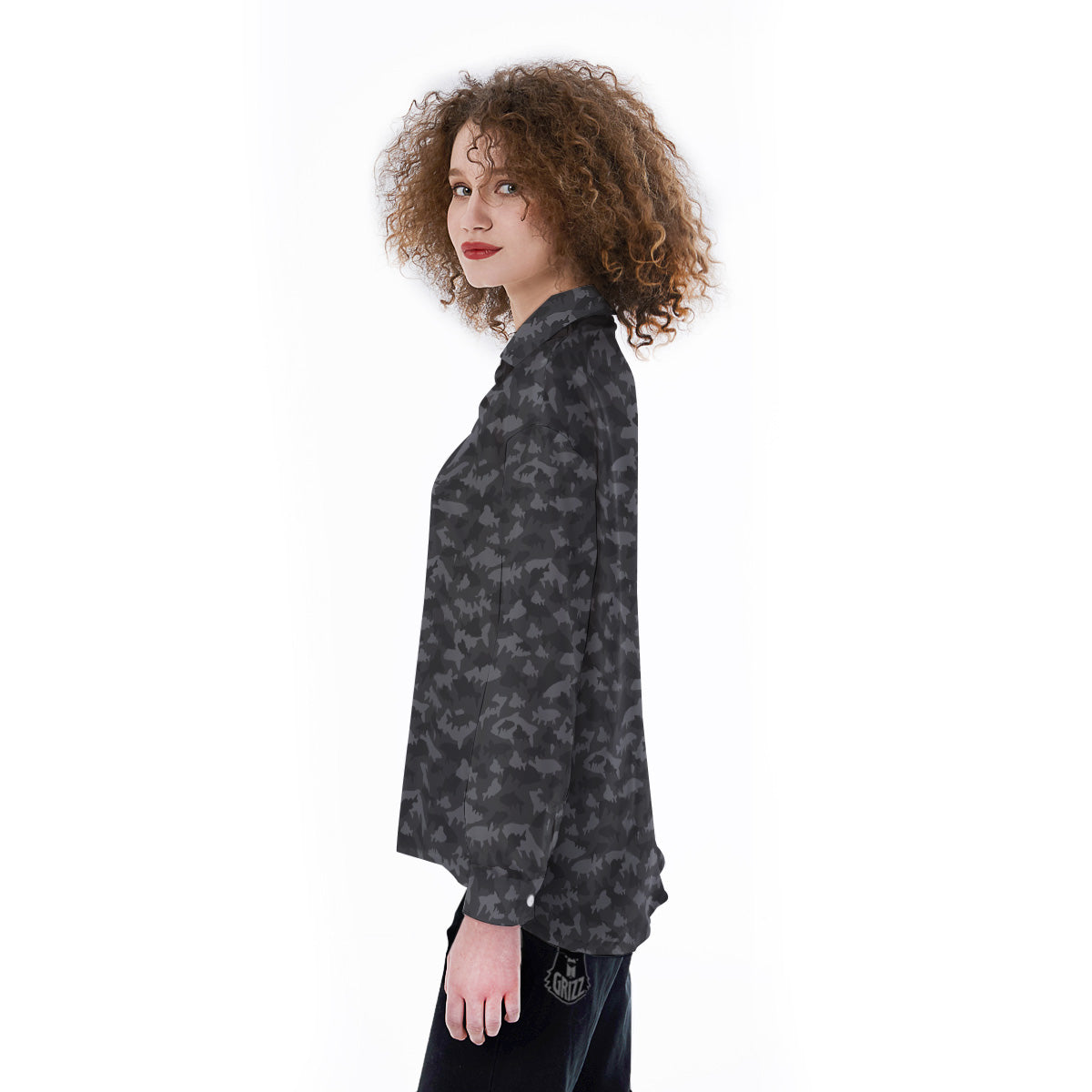 Fish Camouflage Grey Print Pattern Women's Long Sleeve Shirts-grizzshop