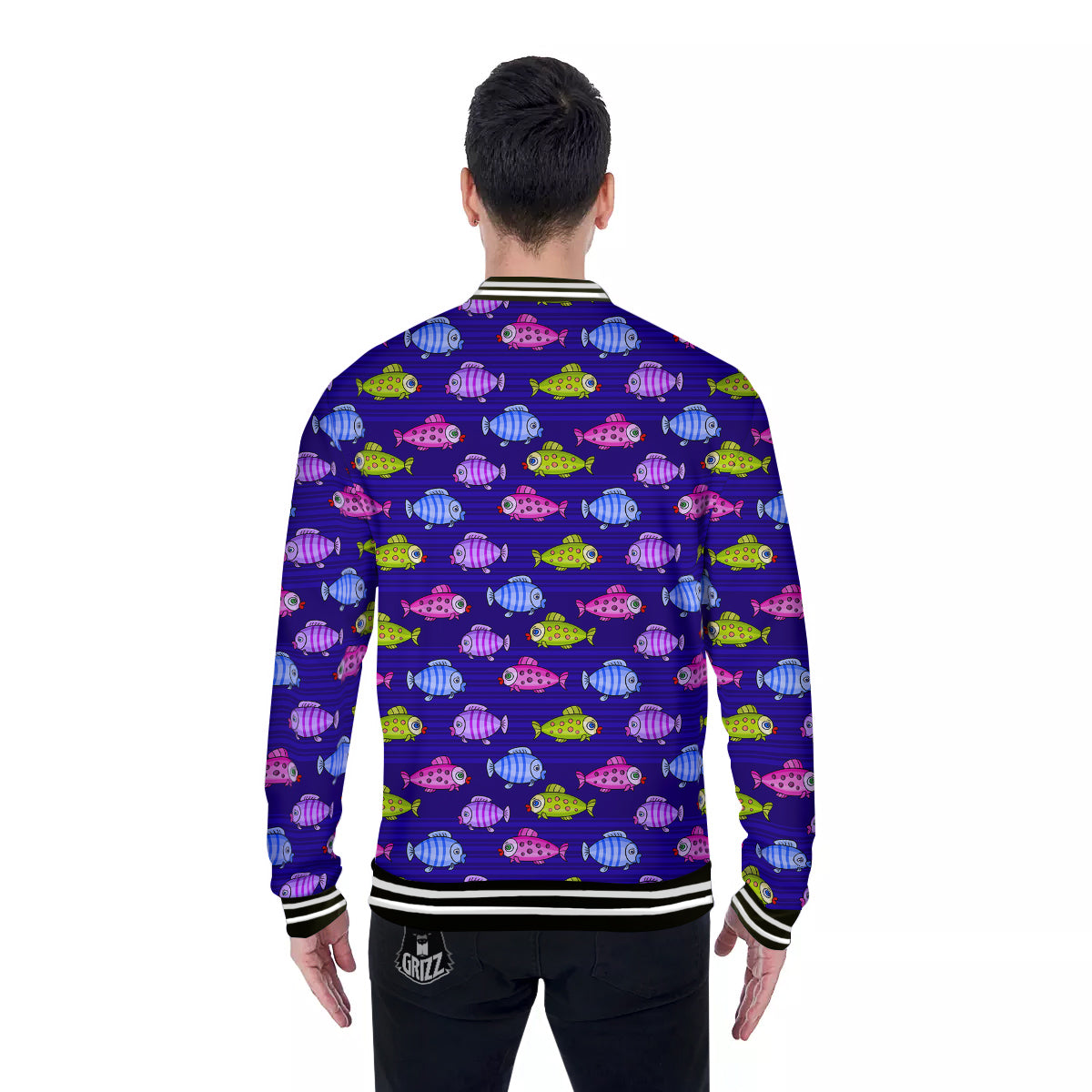 Fish Cartoon Print Pattern Baseball Jacket-grizzshop