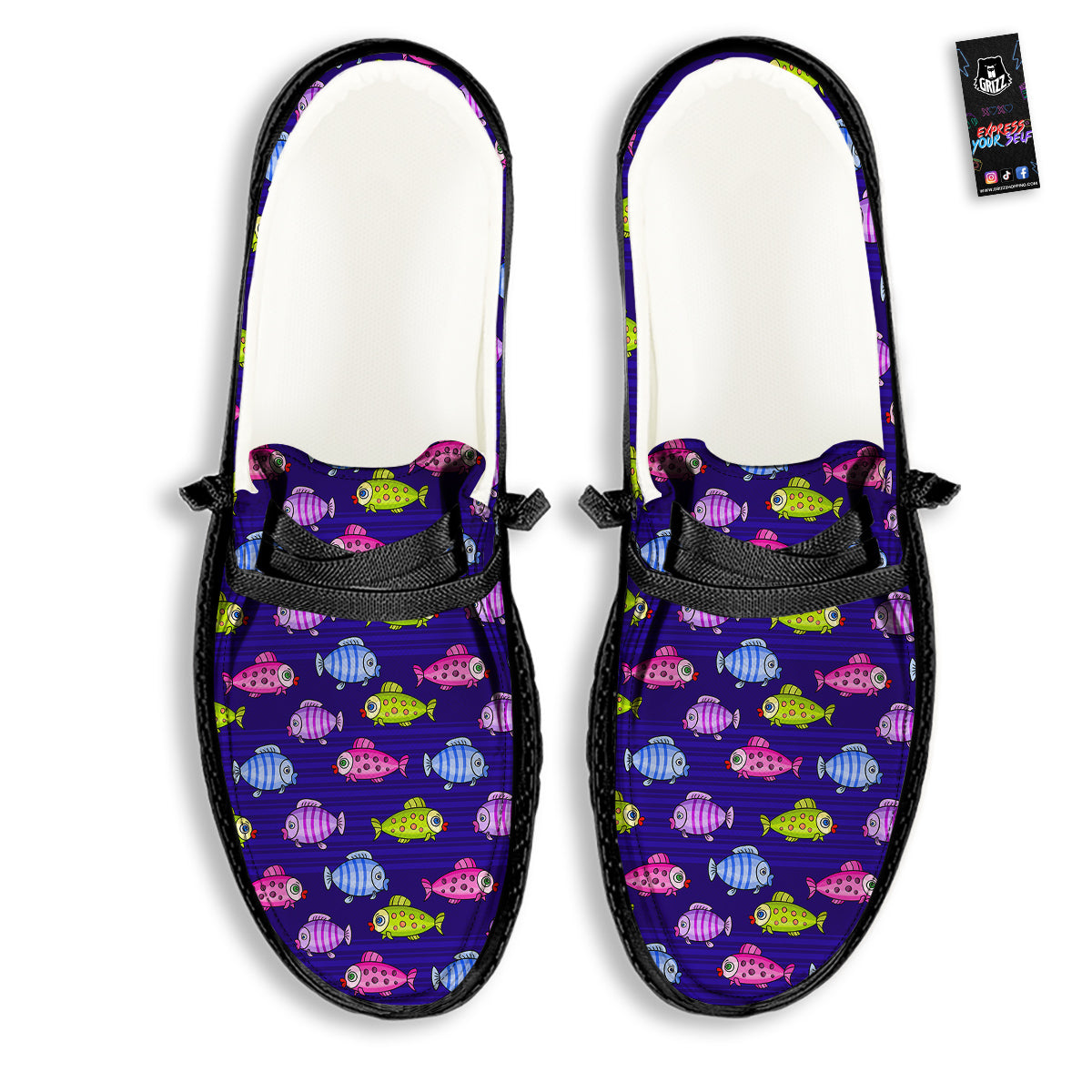 Fish Cartoon Print Pattern Black Loafers-grizzshop
