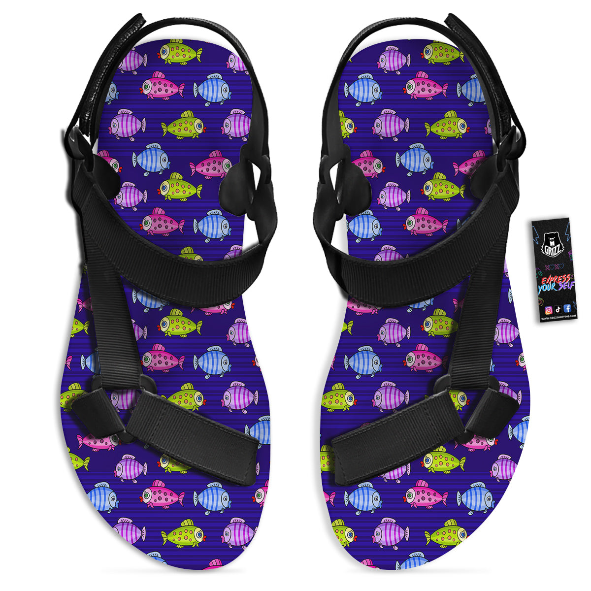Fish Cartoon Print Pattern Black Open Toe Sandals-grizzshop