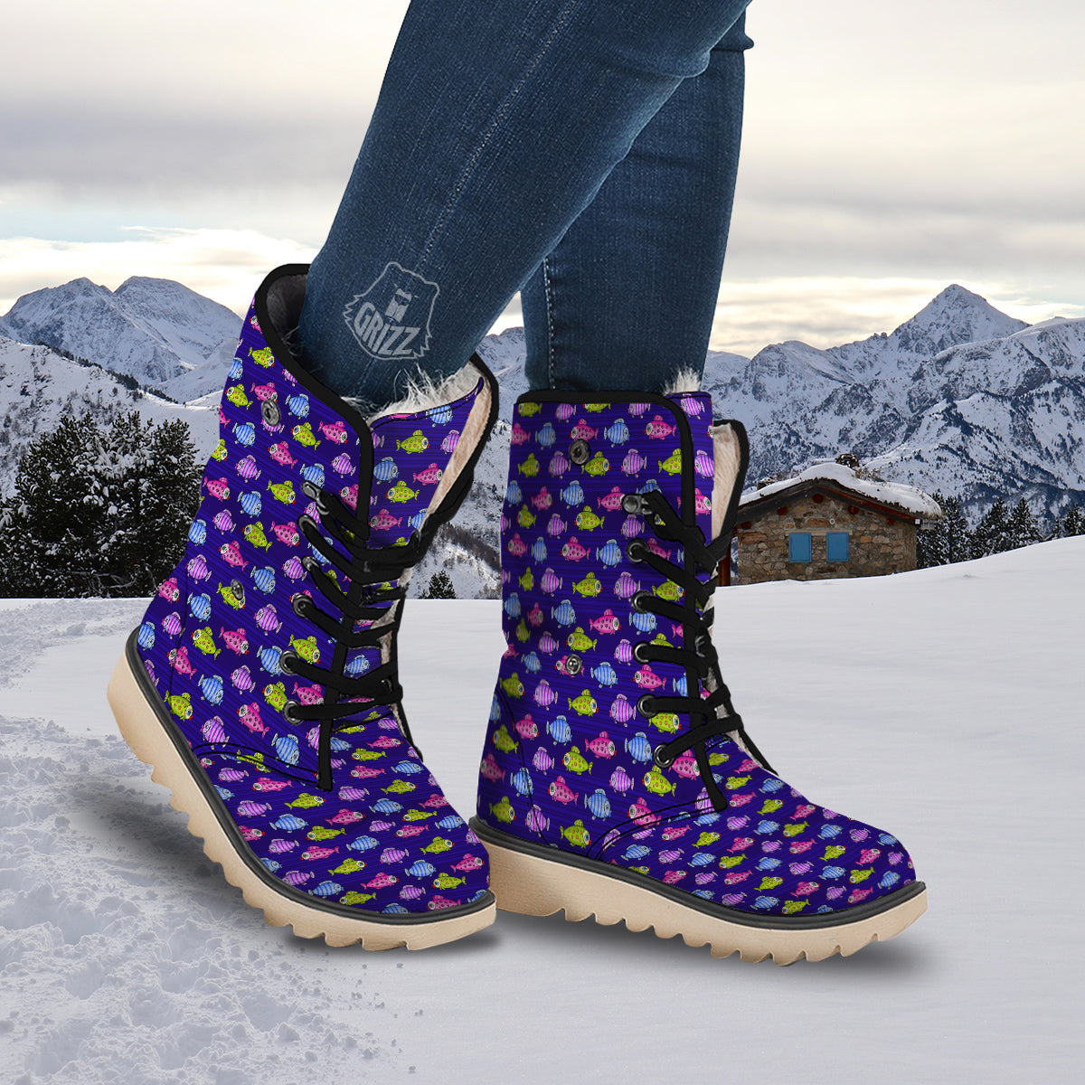 Fish Cartoon Print Pattern Snow Boots-grizzshop