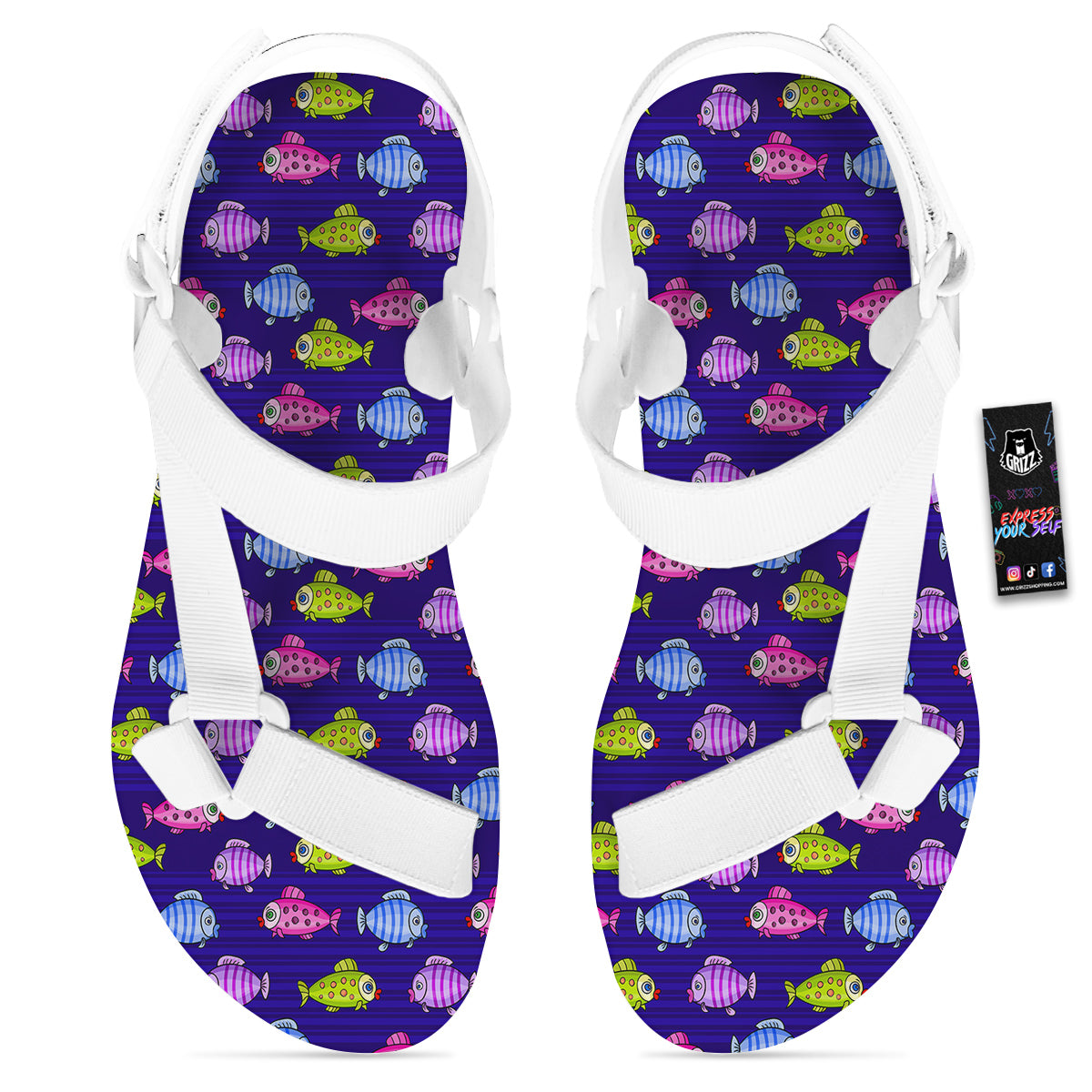 Fish Cartoon Print Pattern White Open Toe Sandals-grizzshop