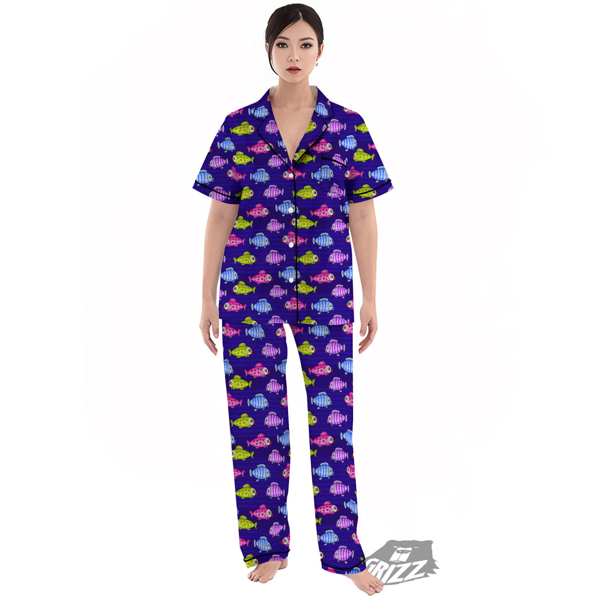 Fish Cartoon Print Pattern Women's Pajamas Set-grizzshop