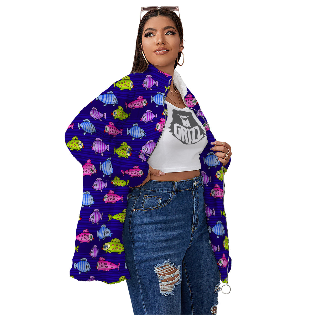 Fish Cartoon Print Pattern Women's Sherpa Jacket-grizzshop