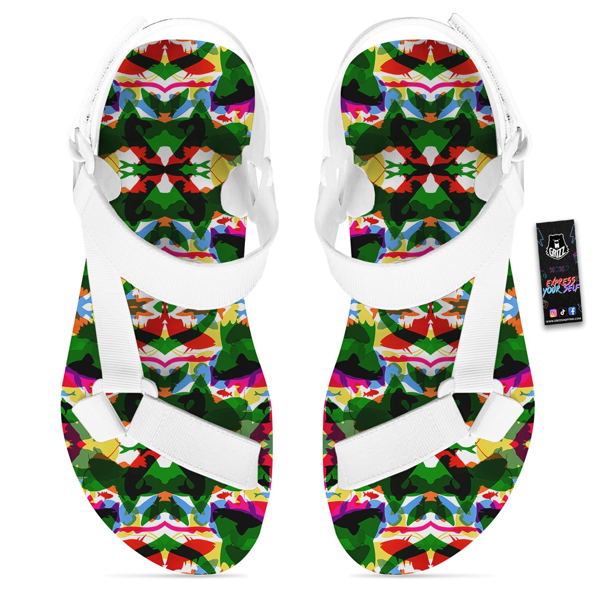 Fish Colorful Abstract Print Pattern White Open Toe Sandals-grizzshop