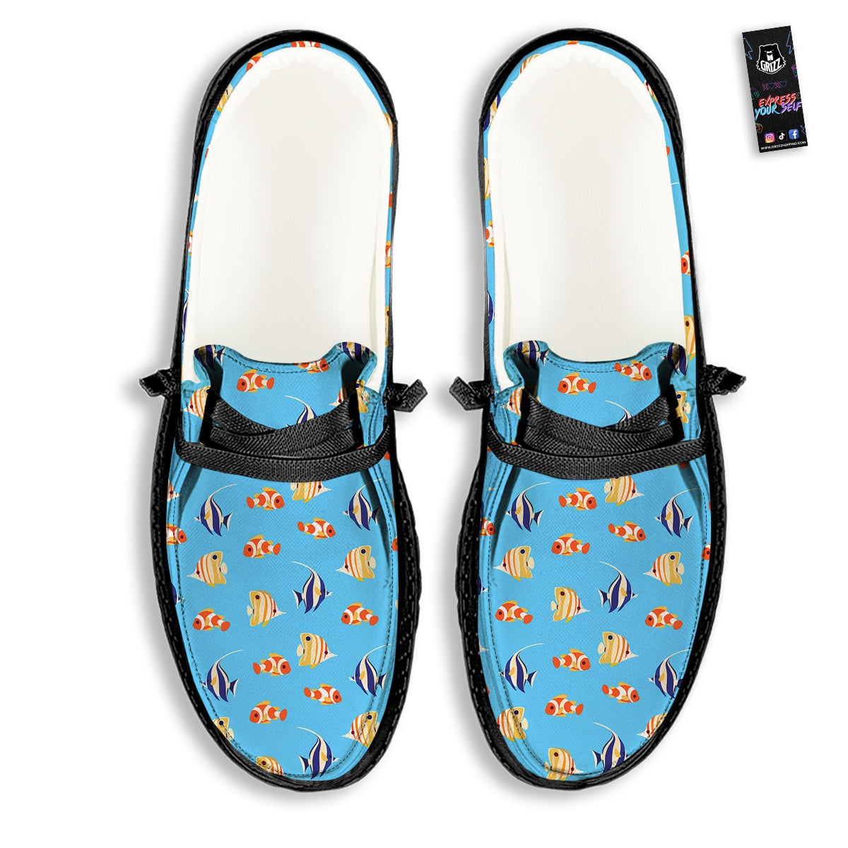 Fish Cute Print Pattern Black Loafers-grizzshop