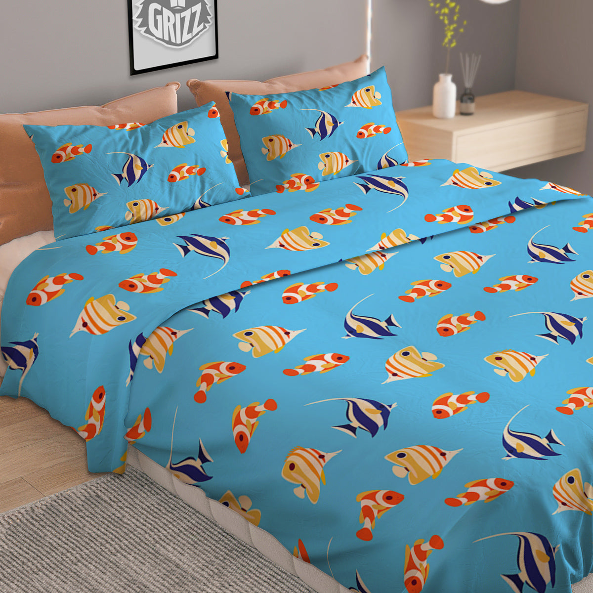 Fish Cute Print Pattern Duvet Cover Bedding Set-grizzshop