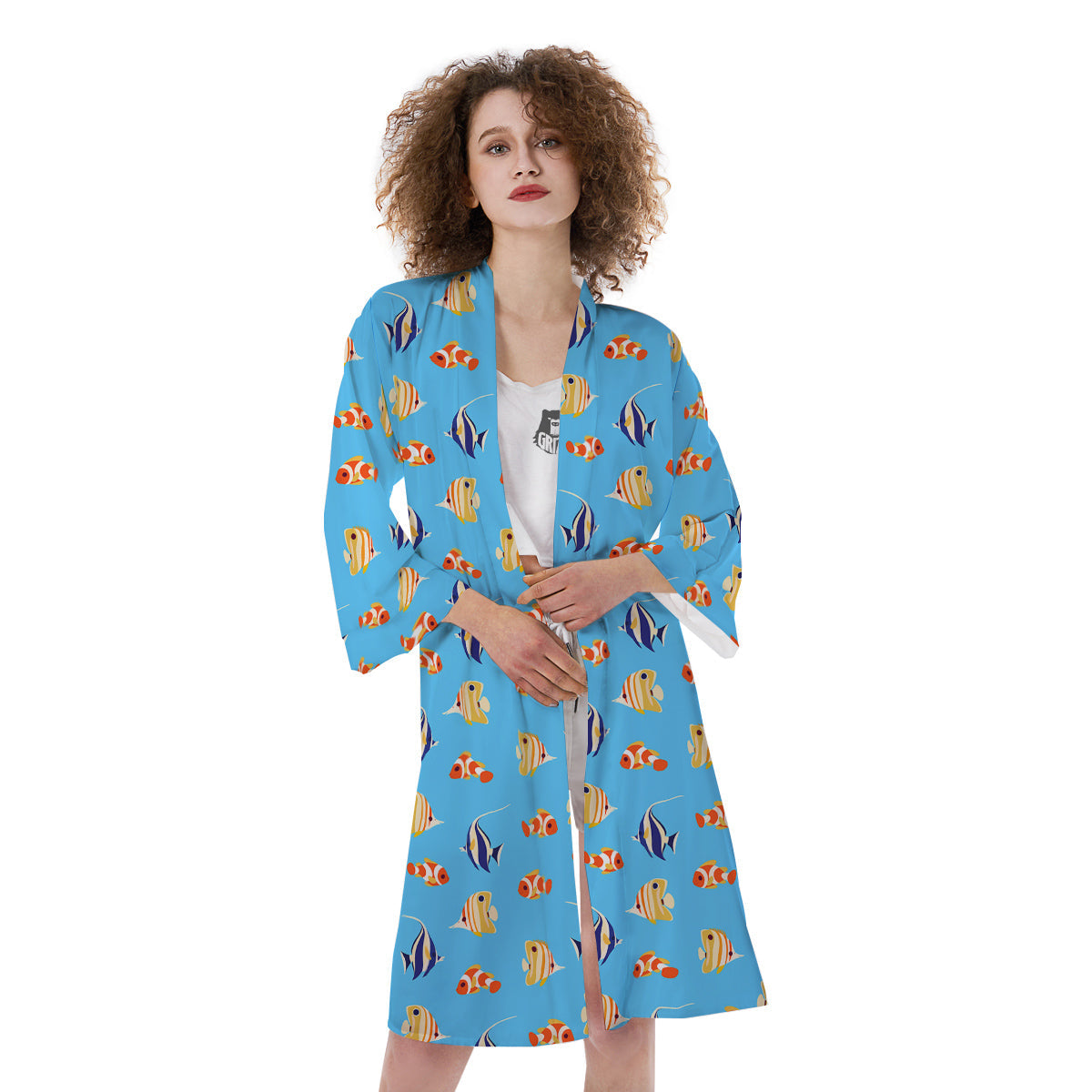 Fish Cute Print Pattern Kimono-grizzshop