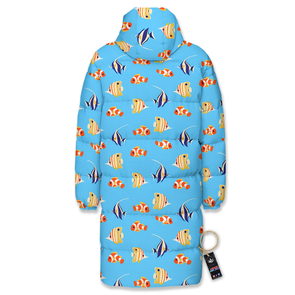 Fish Cute Print Pattern Long Down Jacket-grizzshop