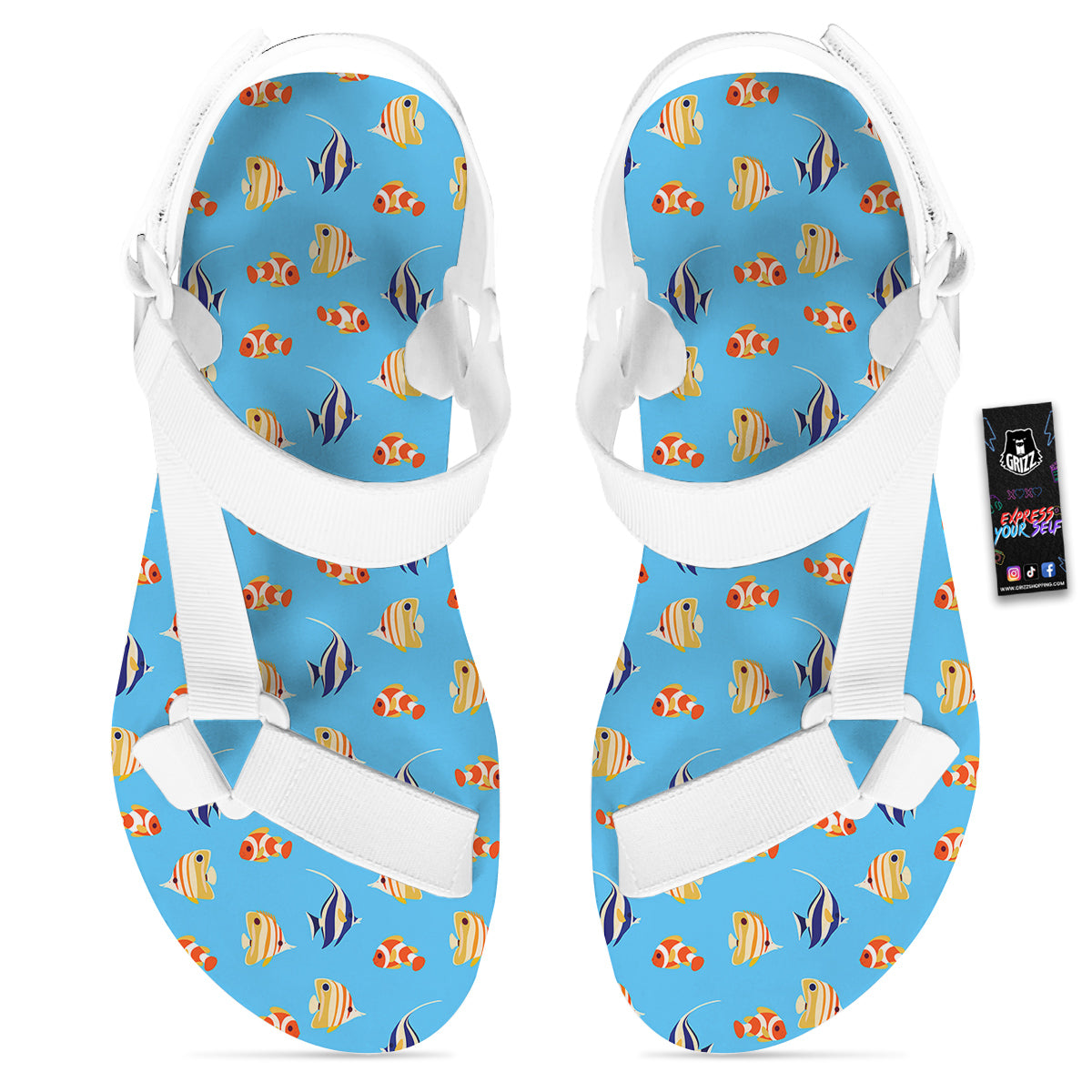 Fish Cute Print Pattern White Open Toe Sandals-grizzshop