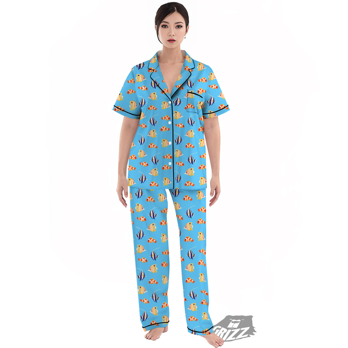 Fish Cute Print Pattern Women's Pajamas Set-grizzshop