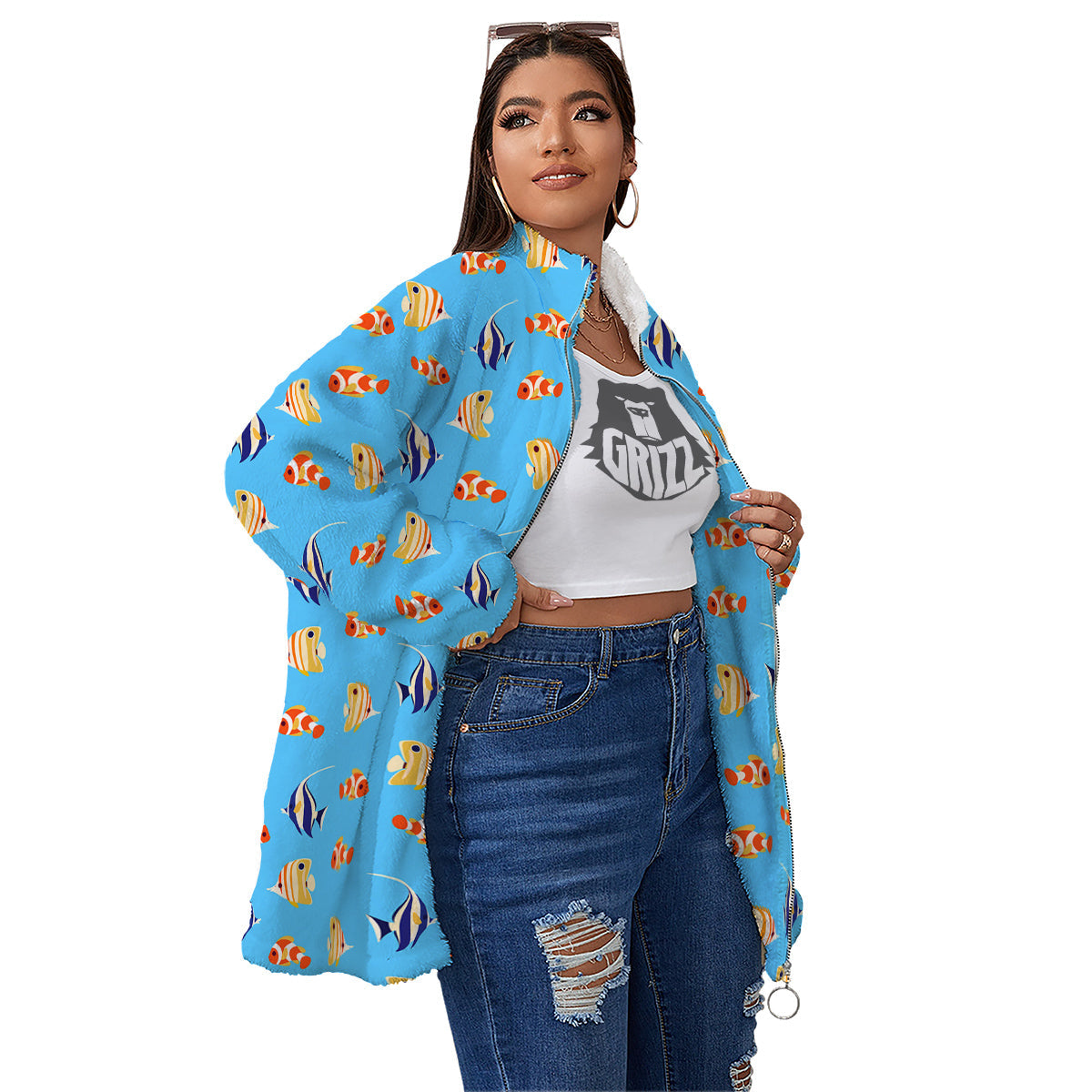 Fish Cute Print Pattern Women's Sherpa Jacket-grizzshop